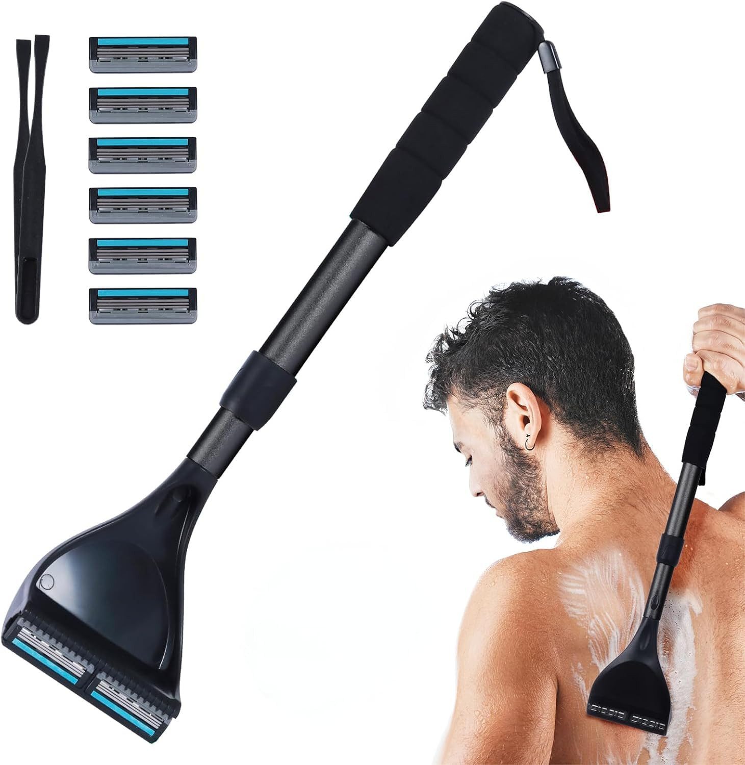 ibettertec Haarschneider Rückenrasierer Für Männer, Ergonomisch, 6 Klingenreihen, Langem Griff, Verstellbarer Langgriff, Nass- und Trockenrasur, wasserfester