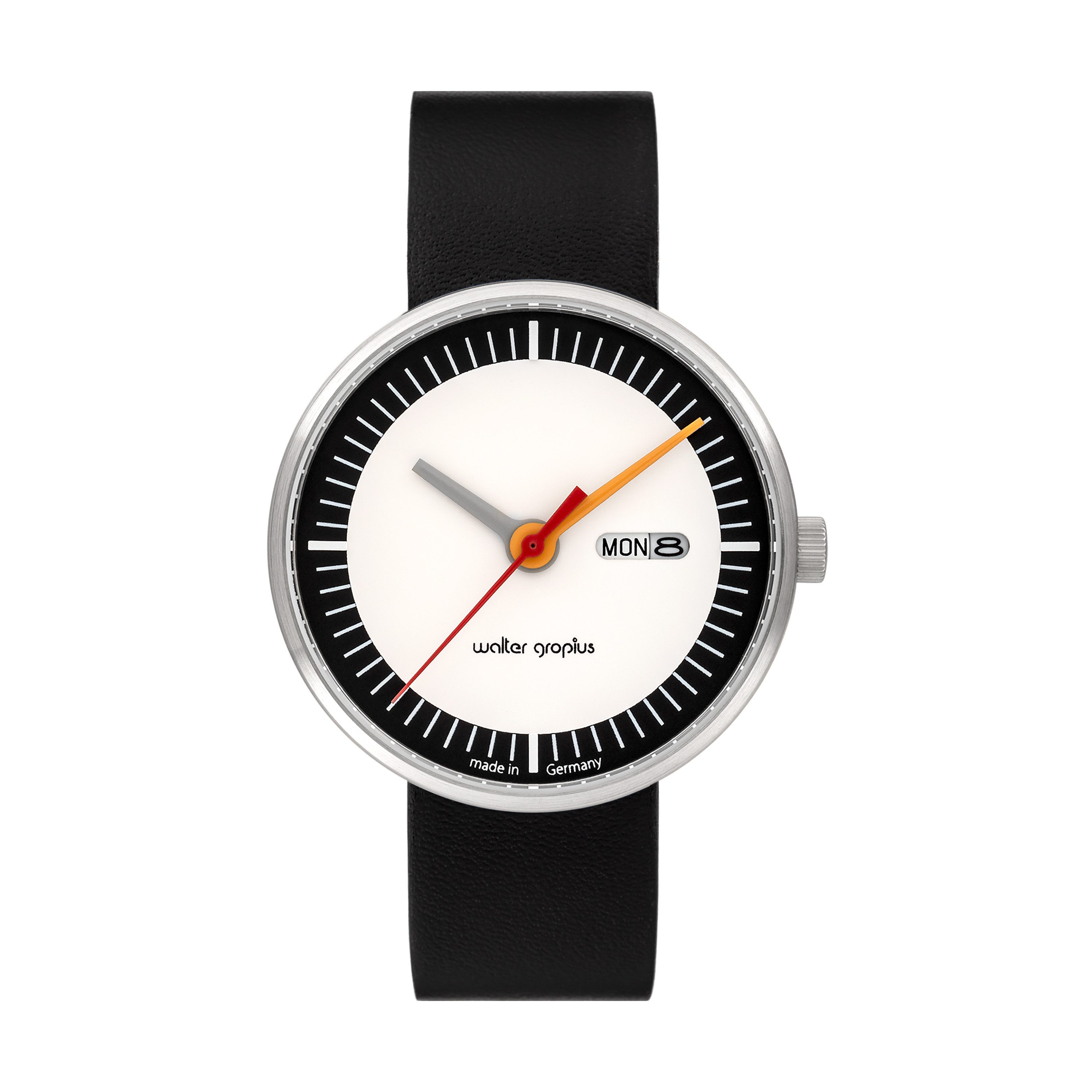Walter Gropius Quarzuhr Made in Germany, Saphirglas, Forum Classic Date - WG 008-01, Designeruhr, Lederarmband mit Easy-Release System, Edelstahlgehäuse