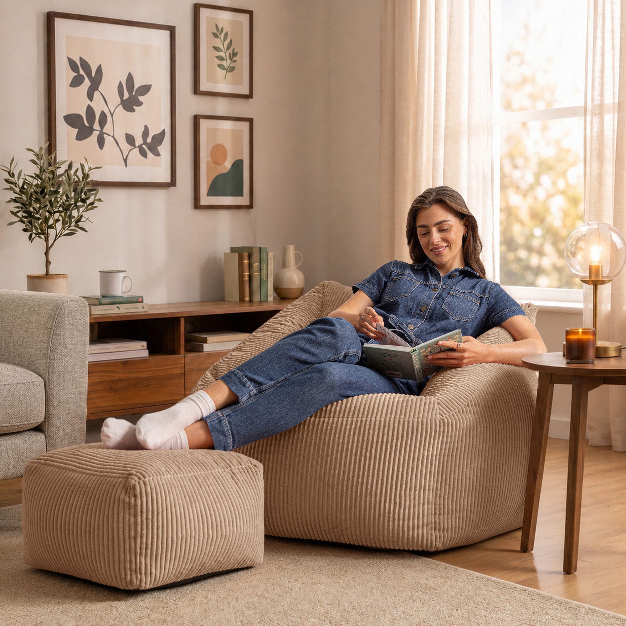 icon Sitzsack Riesen Sessel aus Cord Flauschig „Natalia" mit Hocker (Spar-Set, 1 x Sitzsack-Sessel, 1 x Fußhocker), Sitzsack XXL, Made in Germany, für Erwachsene & Kinder, für Wohnzimmer