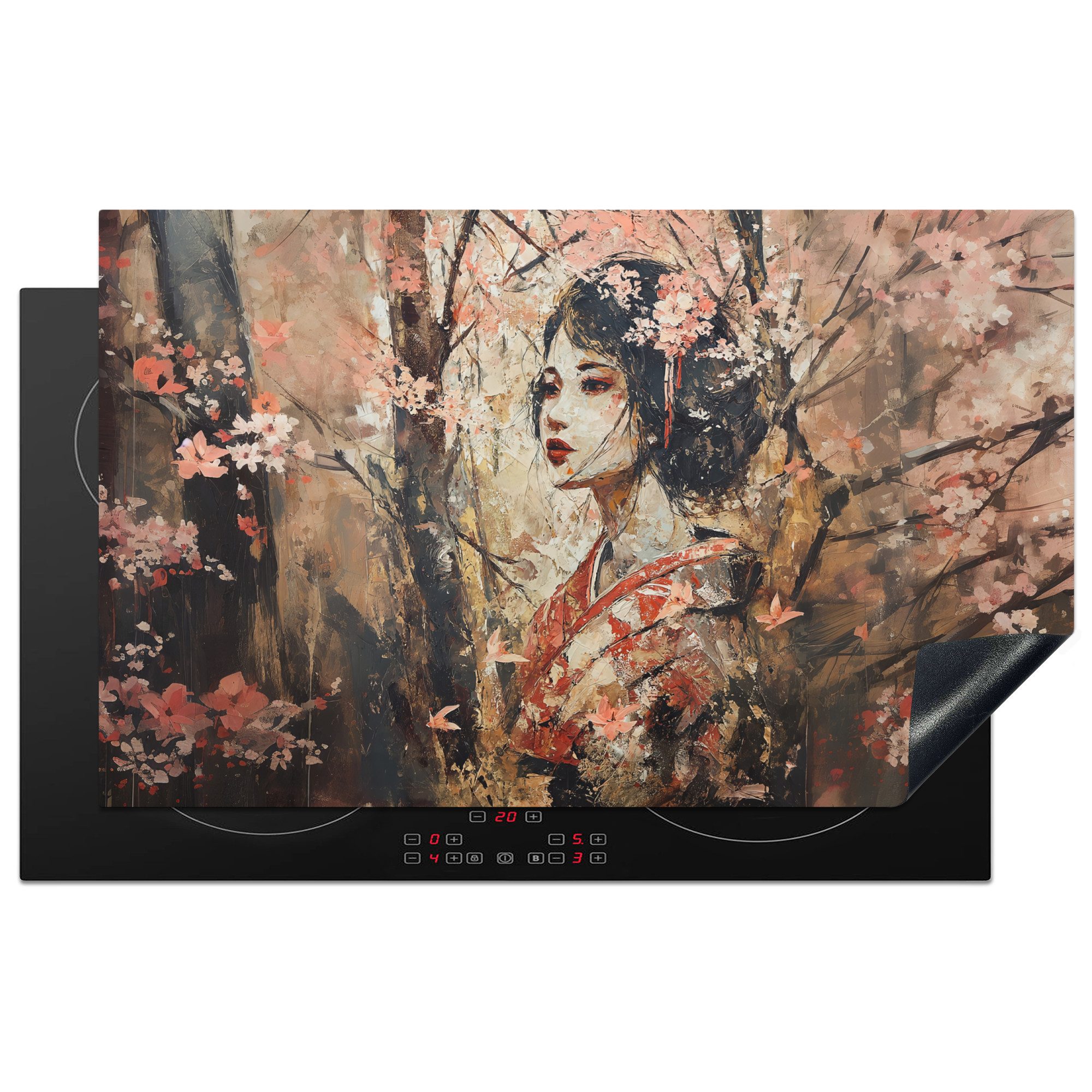 MuchoWow Herd-Abdeckplatte Kimono - Frau - Kirschbäume, Vinyl, (1 tlg), Herdabdeckplatten für Ceranfeld, Induktionsschutz, 80x50 cm