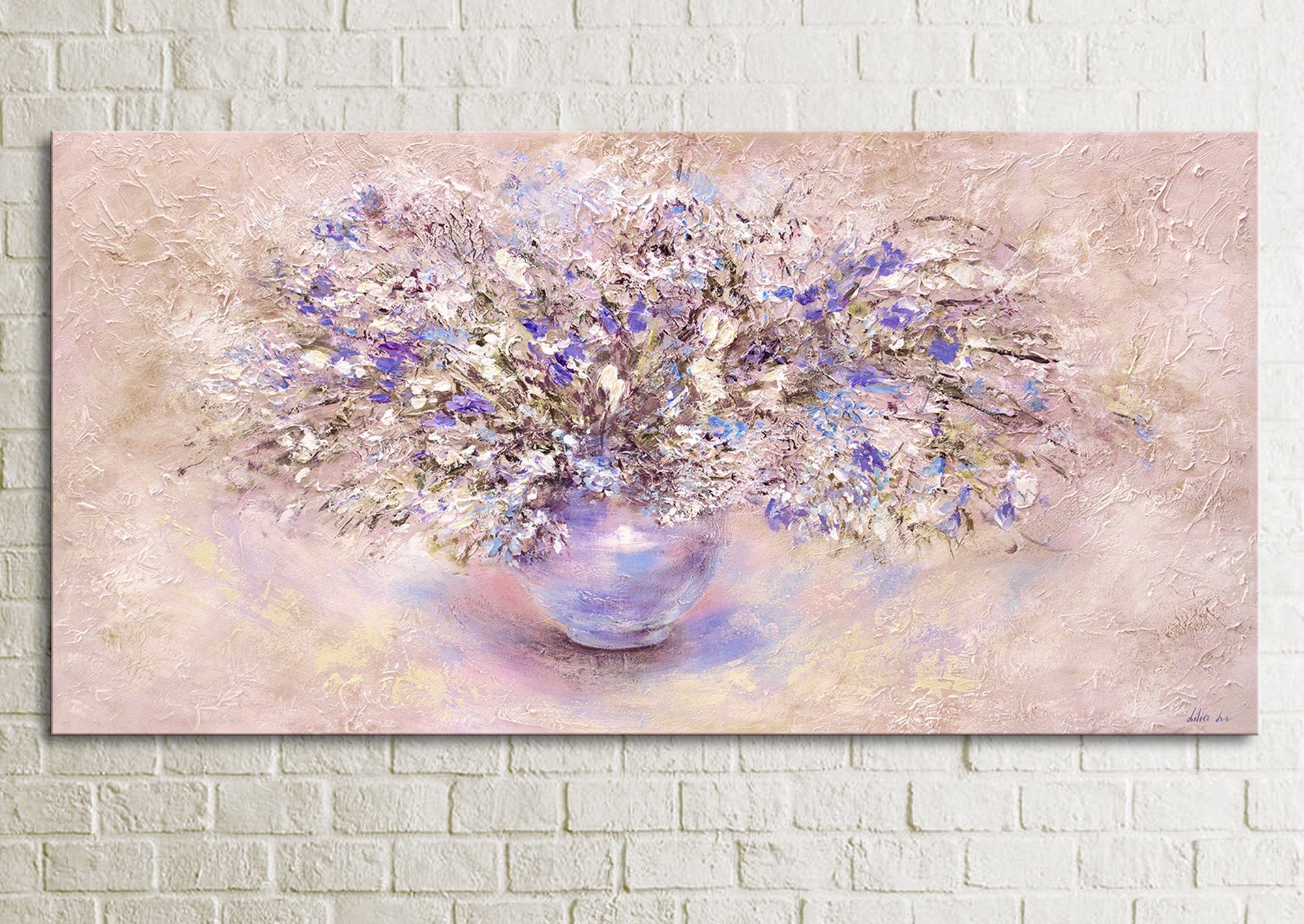 Leinwand Handgemalt Lila Bild Beige Blumen YS-Art Gemälde Weiß Blumen, auf Stillleben, Vase