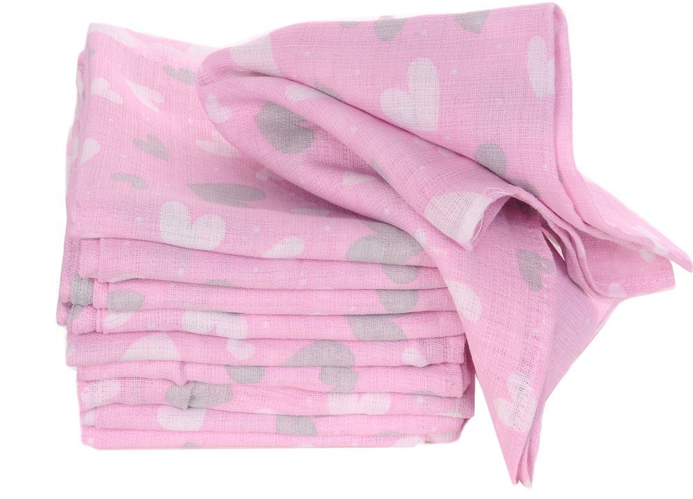La Bortini Stoffwindeln Spucktücher Baby in Rosa mit Herzen Mullwindeln 10er Pack Babytücher, aus reiner Baumwolle, große Packung