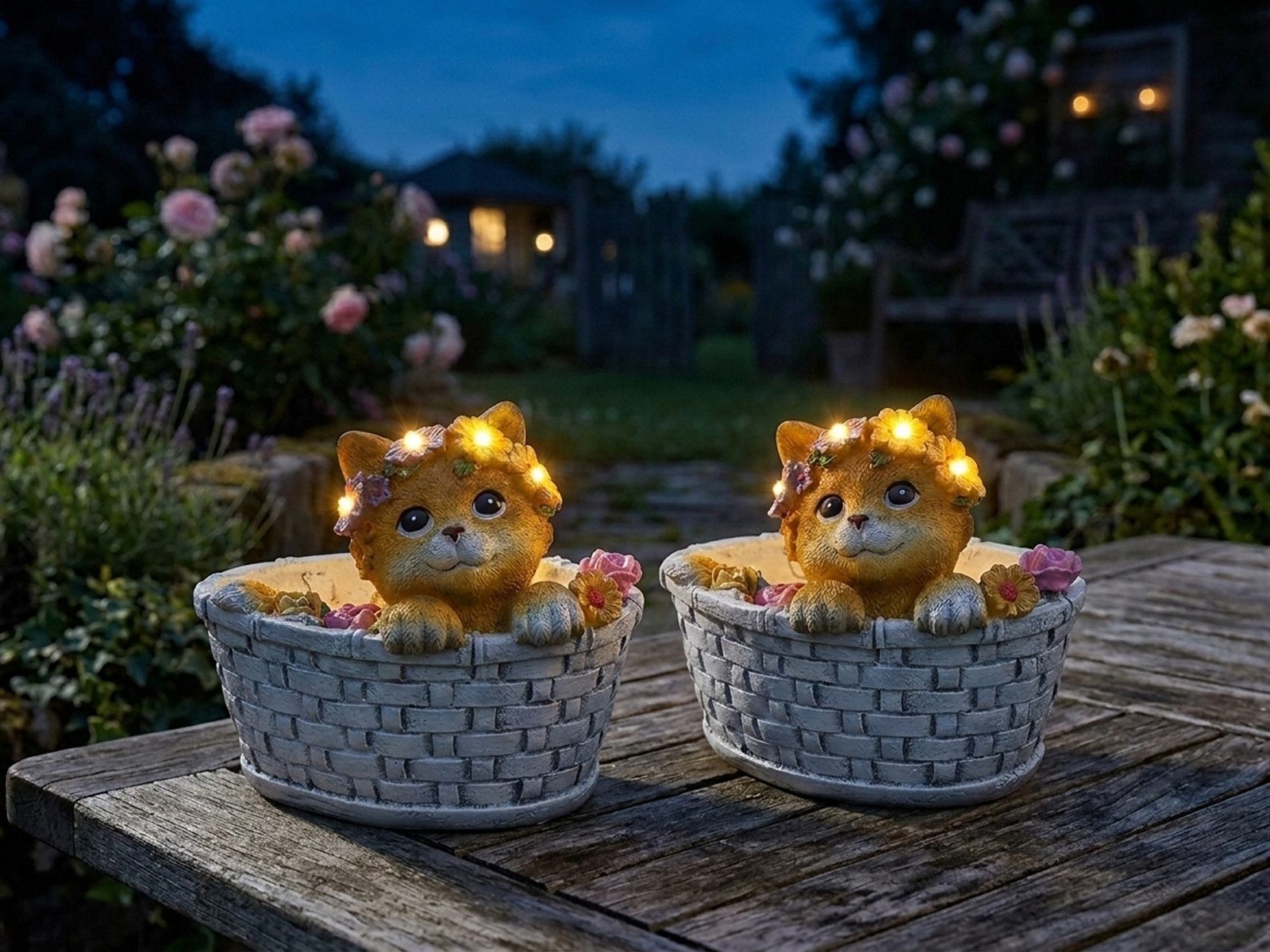GLOBO LIGHTING LED Solarleuchte Katze und Blumen im Korb, Höhe 15cm, LED fest integriert, warmweiß, Deko Solarbeleuchtung ausgefallene Solarlampe-n für Garten & Balkon