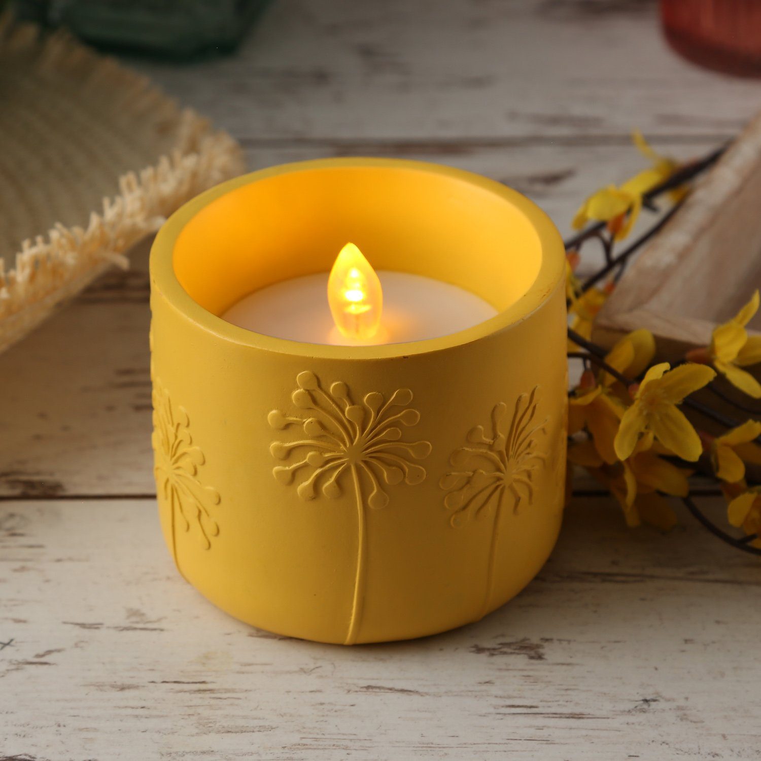 MARELIDA LED-Kerze LED Solar Windlicht Pusteblume Blumenmuster flackernd  gelb (1-tlg)