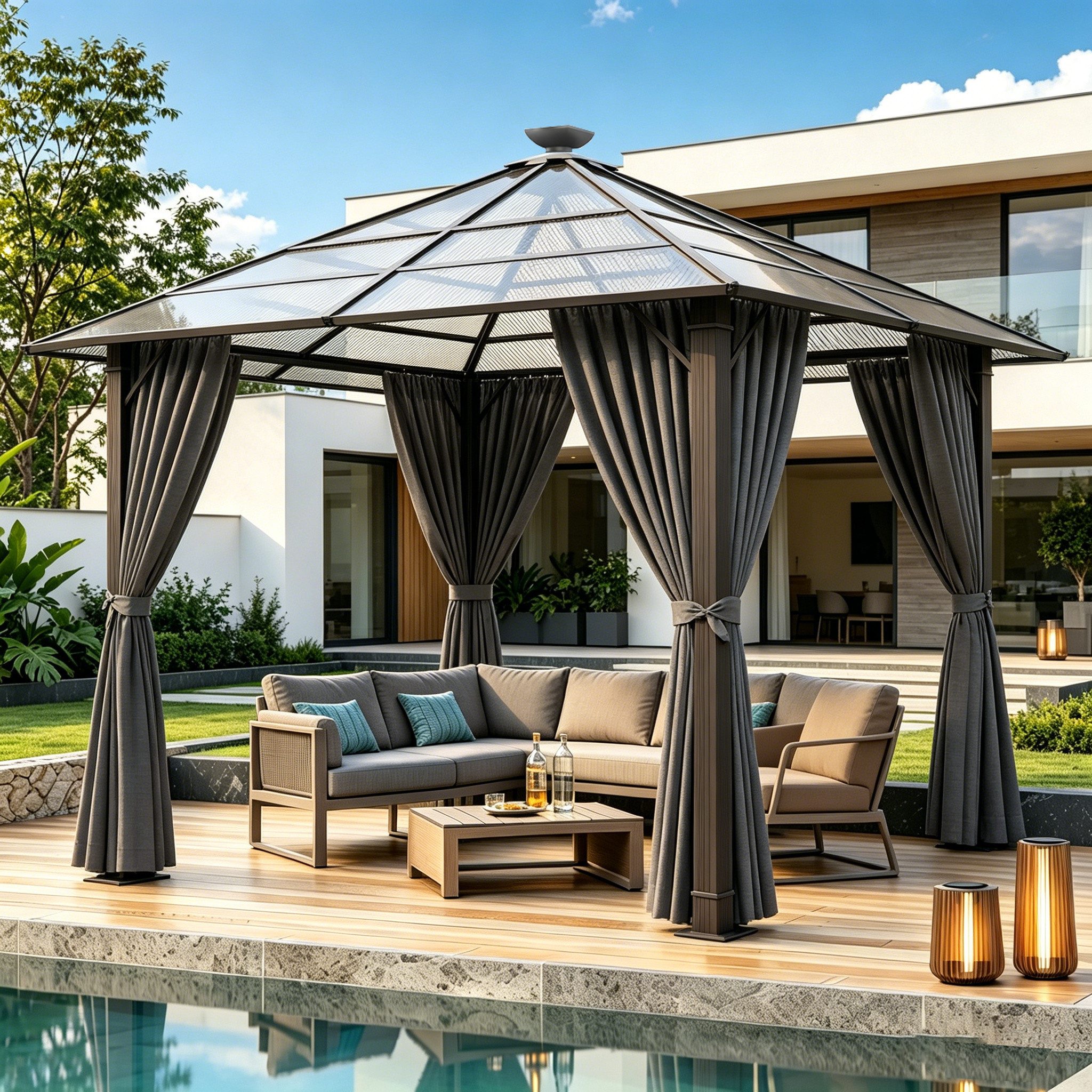 HOMALL Pavillon Winterfest und Wasserdicht, 3*3/3*4m mit LED-Beleuchtung, (UV-Schutz 50+, mit 4 Seitenteilen PA-beschichteten Vorhängen für Windschutz), Gartenpavillon Aluminiumlegierungsrahmen und Polycarbonat-Dach