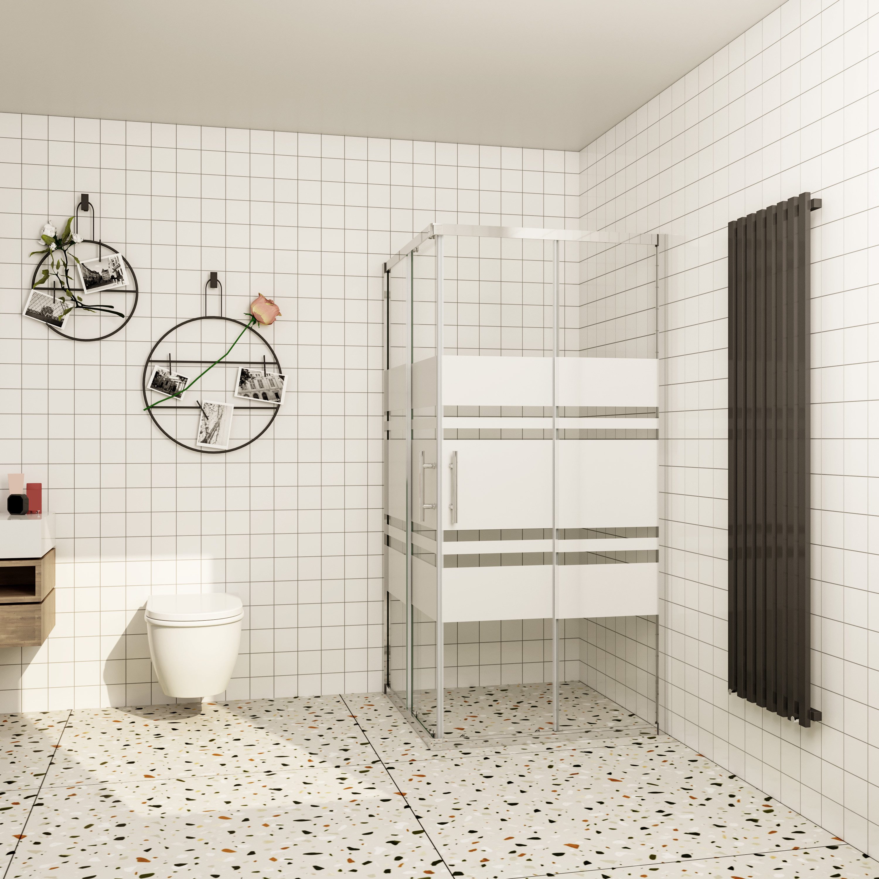 duschspa Eckdusche Duschkabine Eckeinstieg Schiebetür Glas mit Ornament Weiß, BxT: 80x80 cm, ebenerdiger Einbau möglich