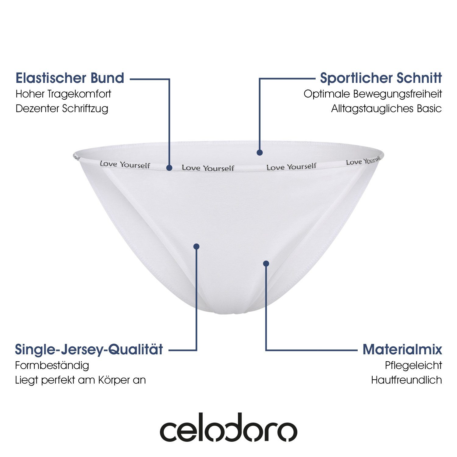 celodoro Slip Damen Slip (6er Pack) mit Ziergummi und Schriftzug