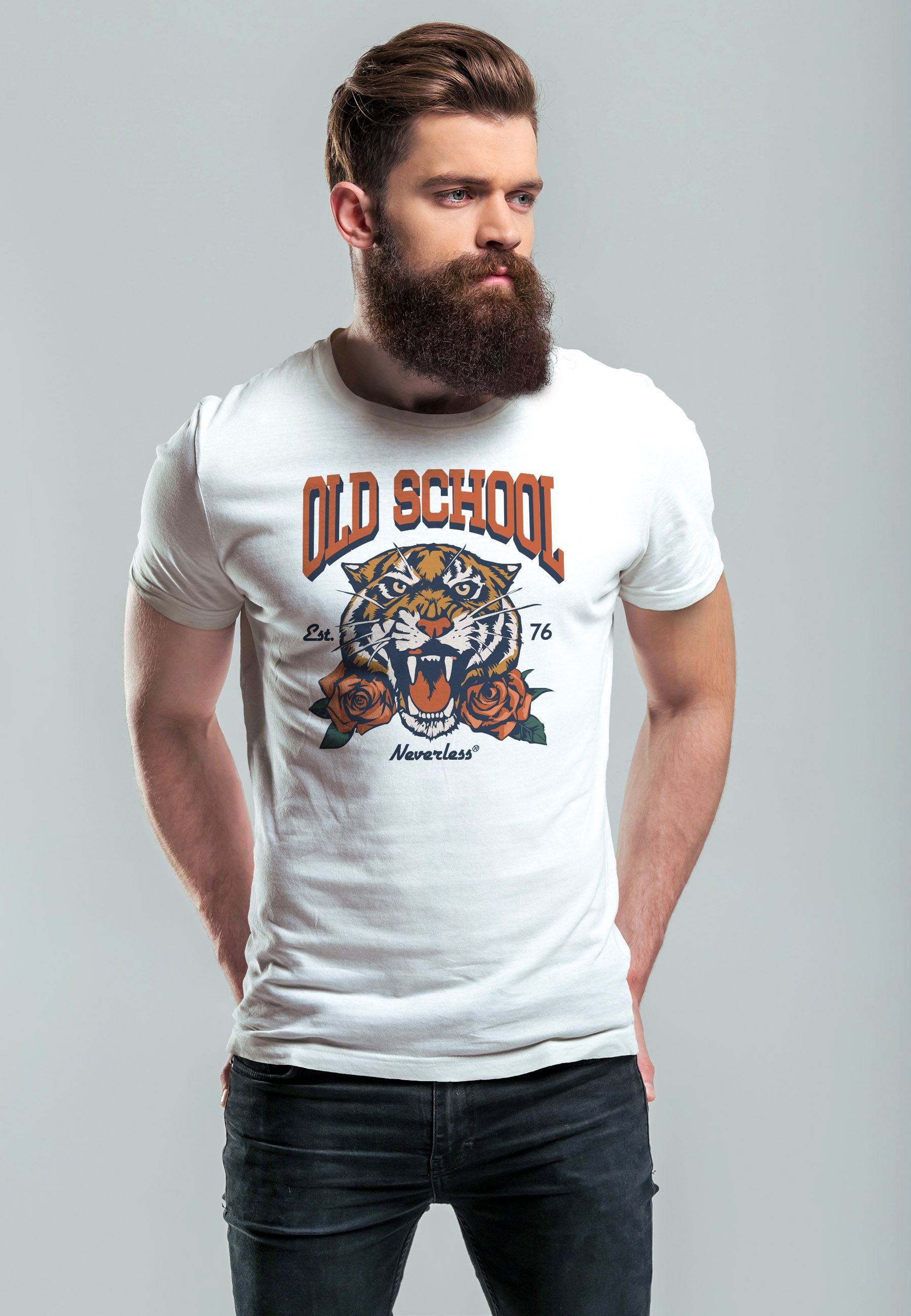 Neverless Print-Shirt Fashion Herren School Old Print weiß Print Retro Vintage Rosen Stre Tiger mit T-Shirt