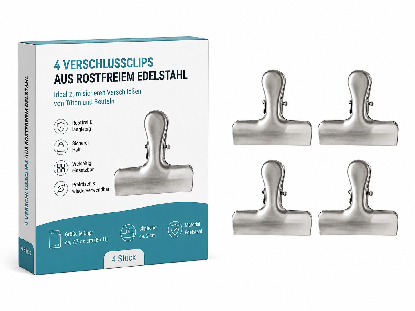 HH-Haushalt Verschlussklammer Edelstahl Verschlussclips 4er Set für Tüten & Beutel rostfrei Silber (4-tlg)