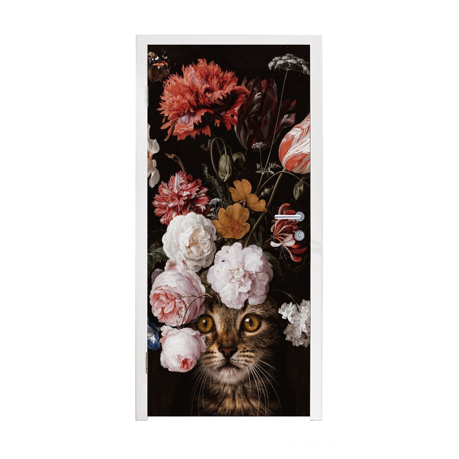MuchoWow Türtapete Katze - (1 75x205 - Türaufkleber, für cm Tür, bedruckt, St), Fototapete Blumen Matt, Kunst