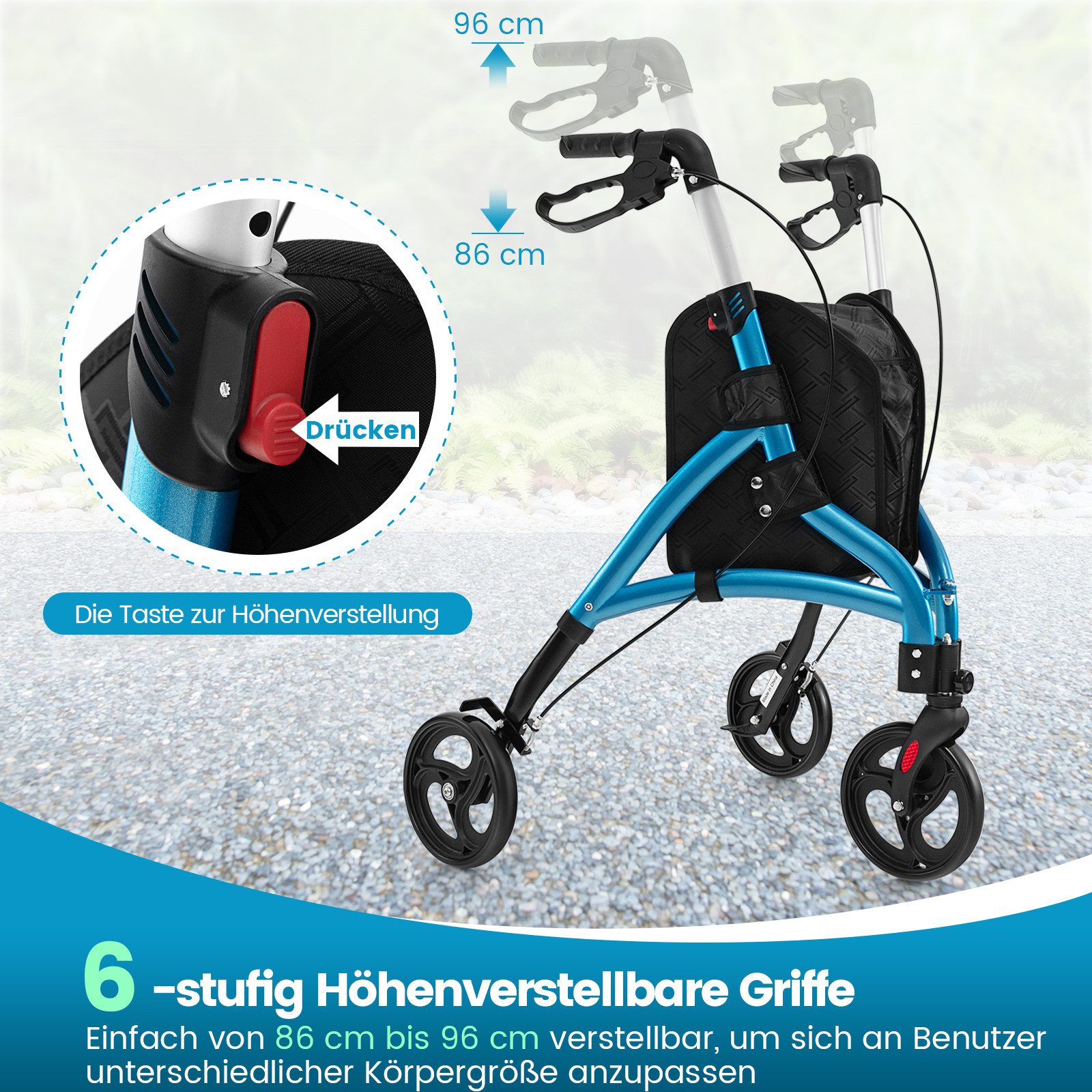 COSTWAY Rollator, Leicht und faltbar, mit großen Rädern, bis 150 kg