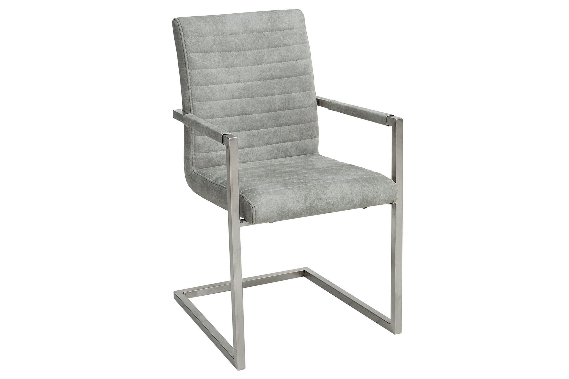 Licht-Erlebnisse Esszimmerstuhl FIRTH, Freischwinger mit Armlehne Stoff Edelstahl in Grau Chrom