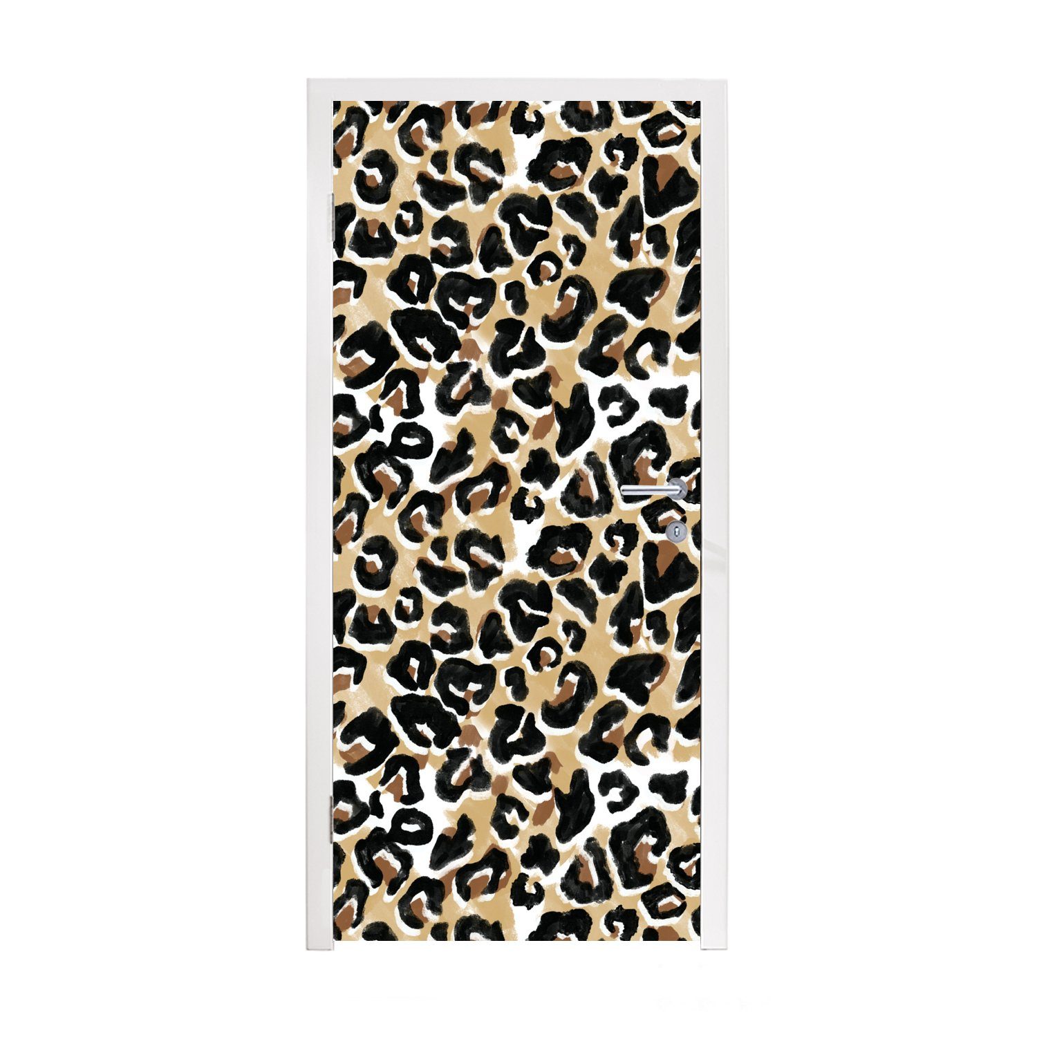 MuchoWow Türtapete Tierdruck - Panther - Braun - Aquarell, Matt, bedruckt, (1 St), Fototapete für Tür, Türaufkleber, 75x205 cm