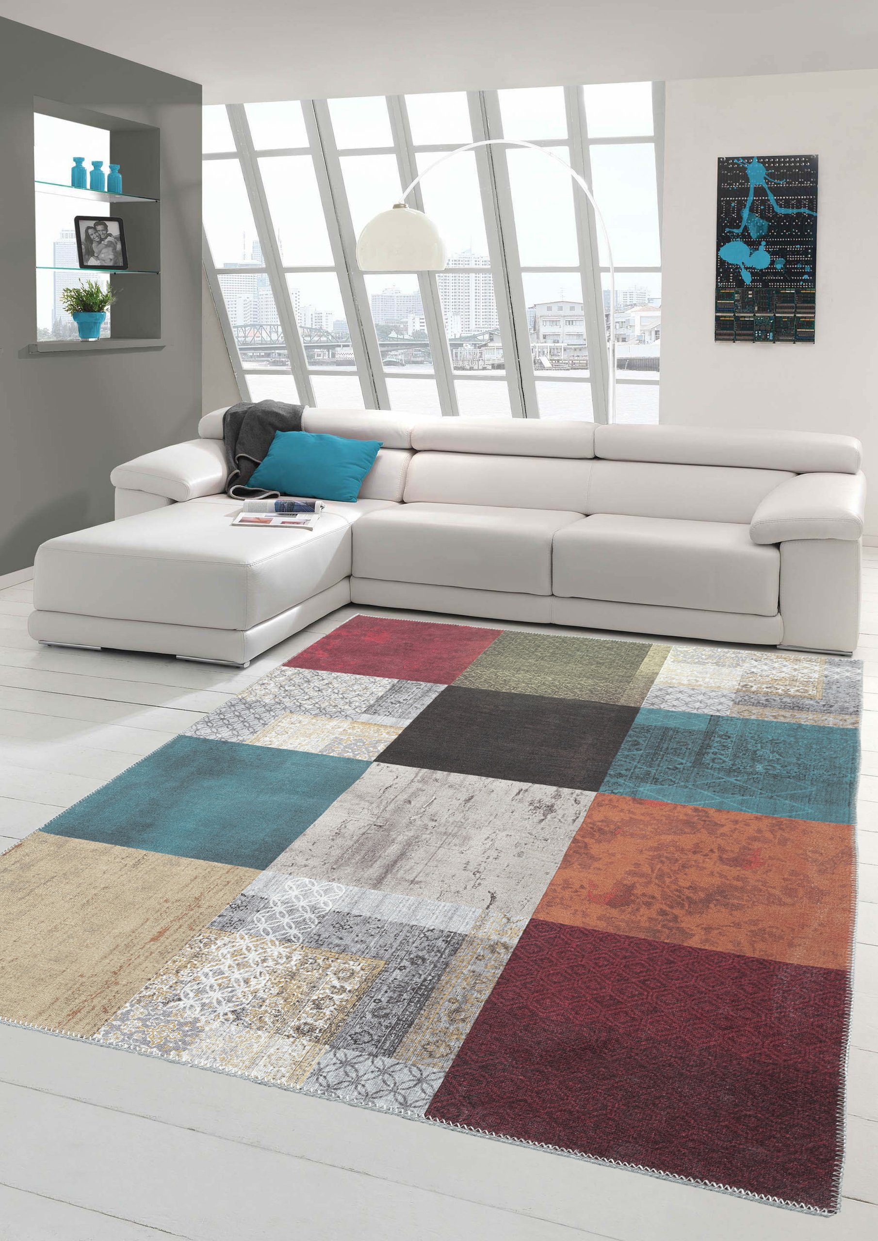 Teppich Multicolor Teppich eleganter moderner Stil mit Quadraten dezent gemustert orange blau, Teppich-Traum, rechteckig, Höhe: 0,04 mm