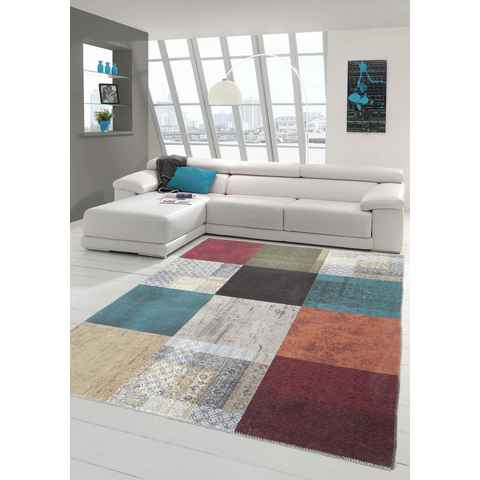Teppich Multicolor Teppich eleganter moderner Stil mit Quadraten dezent gemustert orange blau, Teppich-Traum, rechteckig, Höhe: 0,04 mm