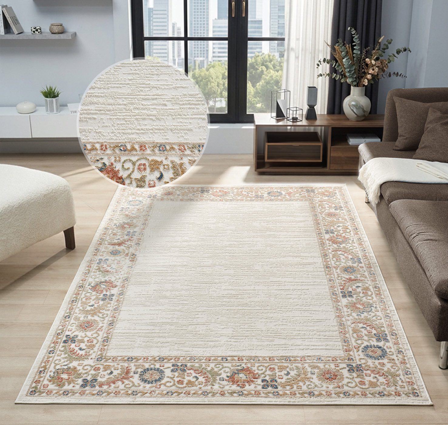 OTTO home Teppich Fennia, Blumen-Motiv, Orient-Optik, rechteckig, Höhe: 7 mm, Hoch-Tief, Bordüre, Floral, meliert, Wohnzimmer, Schlafzimmer