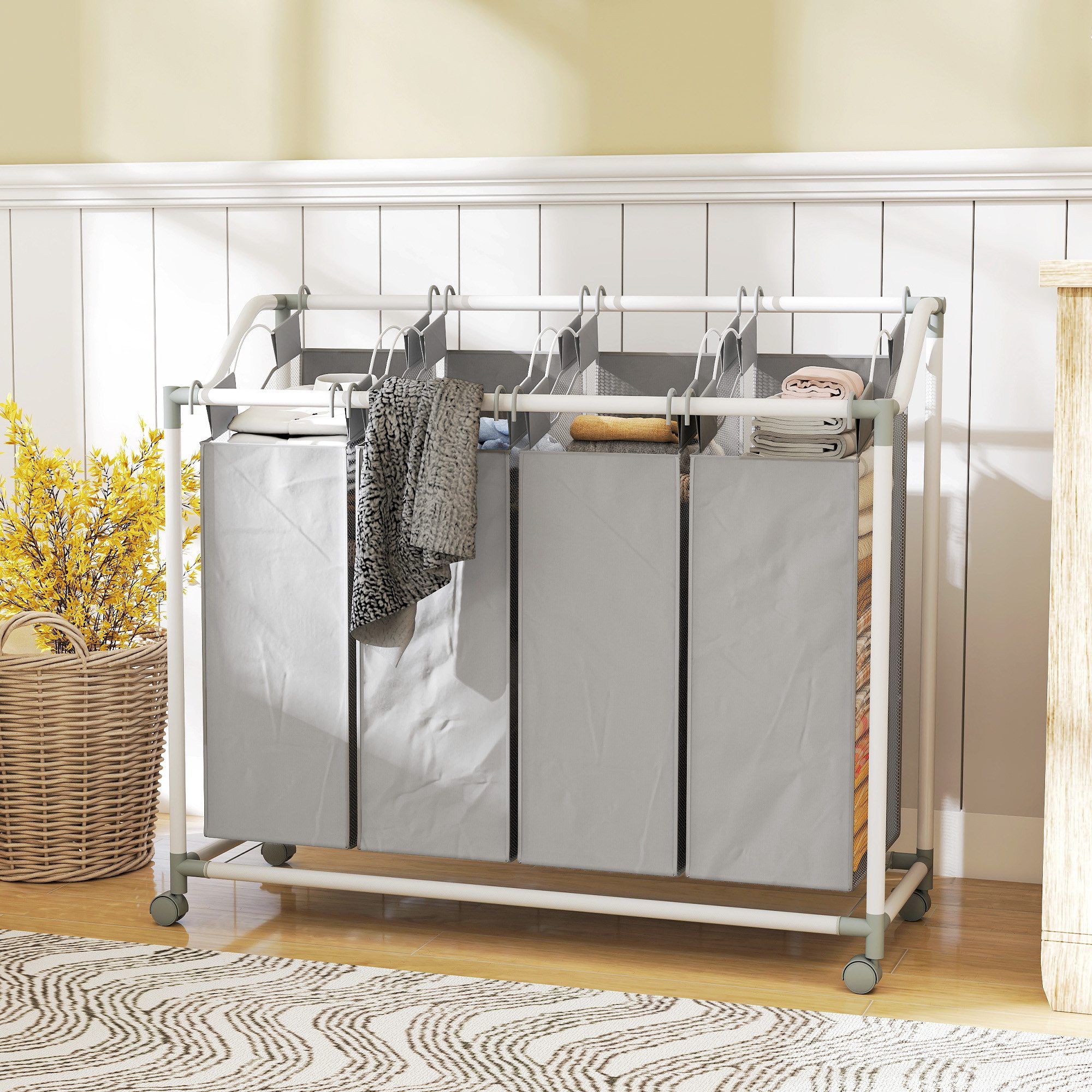 HOMCOM Wäschekorb 4 Fächer 160 L Wäschesack, Wäschesortierer mit Rädern (Wäschesammler, 1 St., Wäschebox), für Waschküche, Schlafzimmer, Badezimmer, Grau