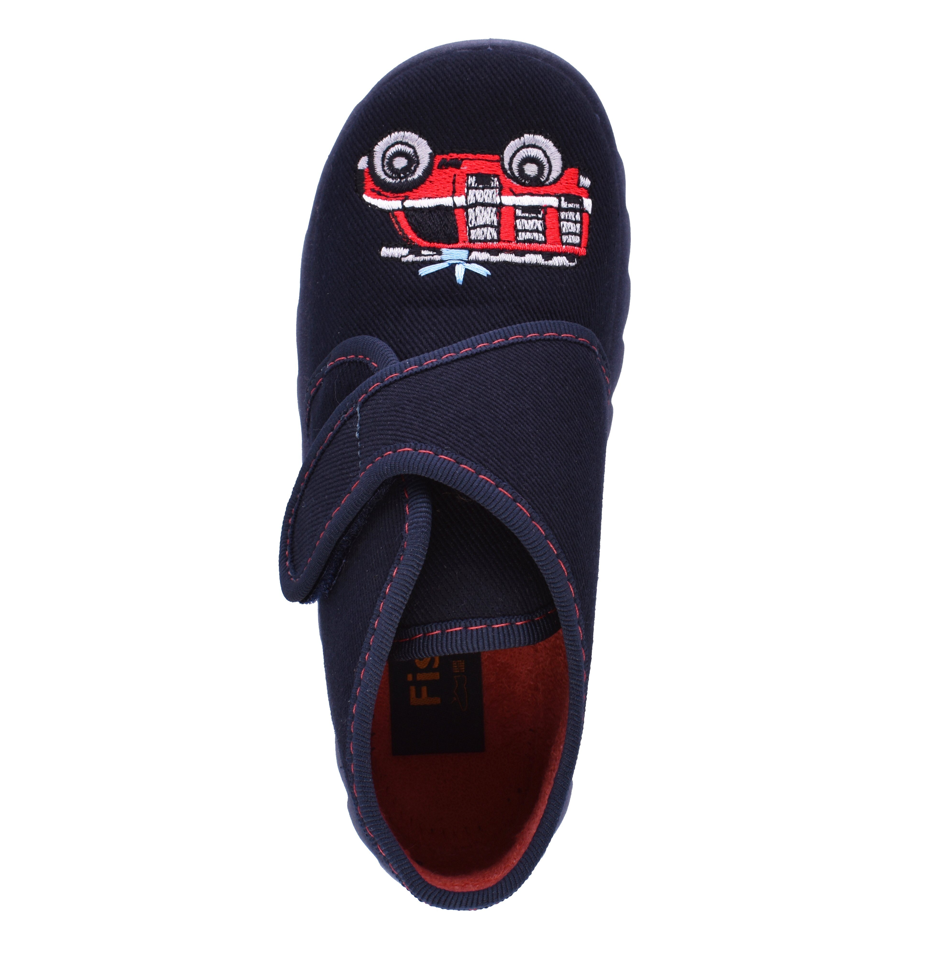 Fischer-Markenschuh Flexi Hausschuh mit Feuerwehrauto, aus Baumwollstoff mit Frotteefutter