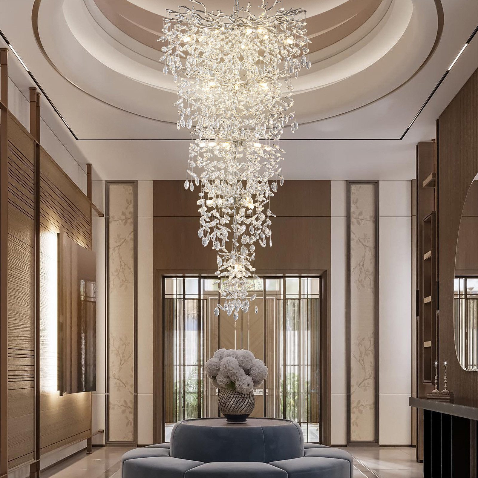 Surtime Kronleuchter für Treppenhaus, 300 cm, Goldfarben,Kristall, 28 G9-Fassungen für gleichmäßiges Licht, LED wechselbar, 3000K, K9-Kristalldesign im Ast-Stil