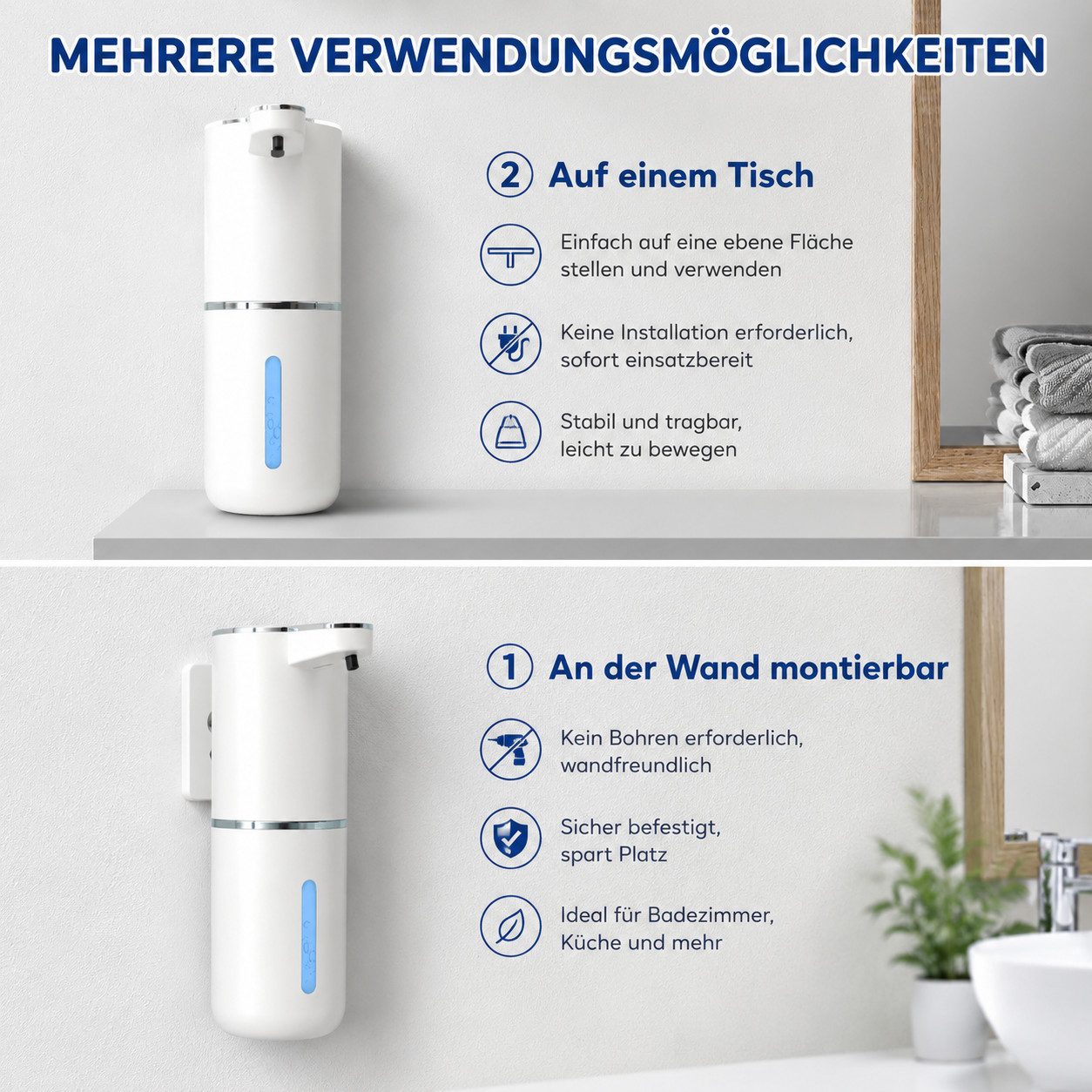 ARCASA Seifenspender Seifenspender Automatischer Schaumseifenspender 400ml USB-C Sensor, (Schaumseifenspender Set kontaktlos mit Klebepad und Akku für innen, Sensor Seifenspender Set inklusive Wandhalterung und USB-C Kabel 1tlg), Automatischer Seifenspender IPX5 wasserabweisend mit 4 Dosierstufen