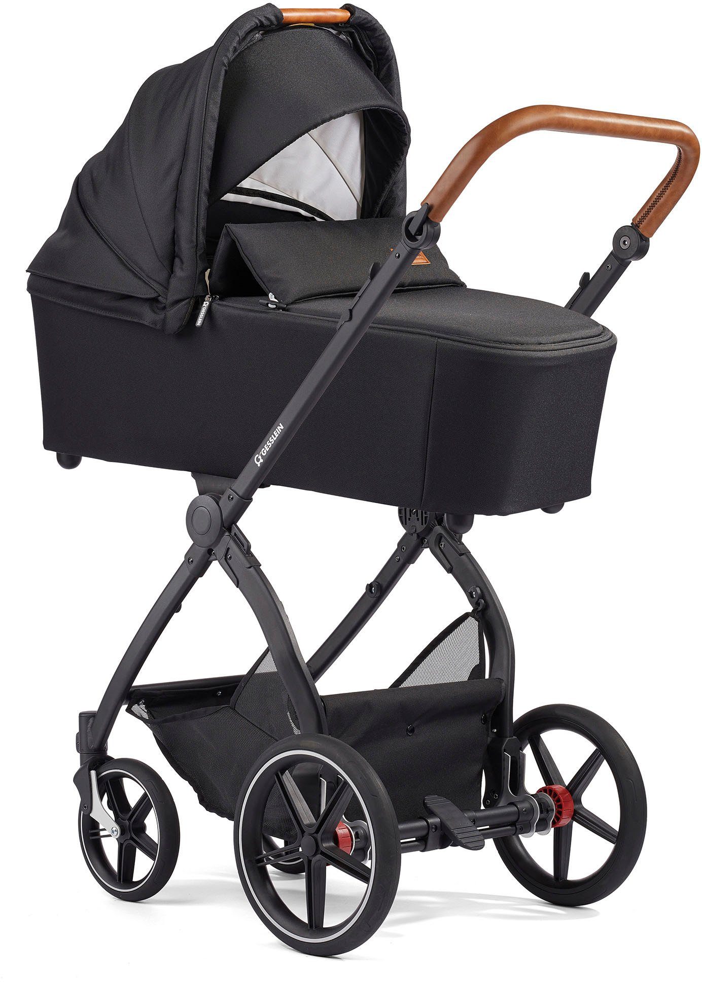 Style, Kombi-Kinderwagen Babyschalenadapter C3 mit schwarz/cognac, Soft+ Aufsatz Babywanne und Gesslein FX4 mit