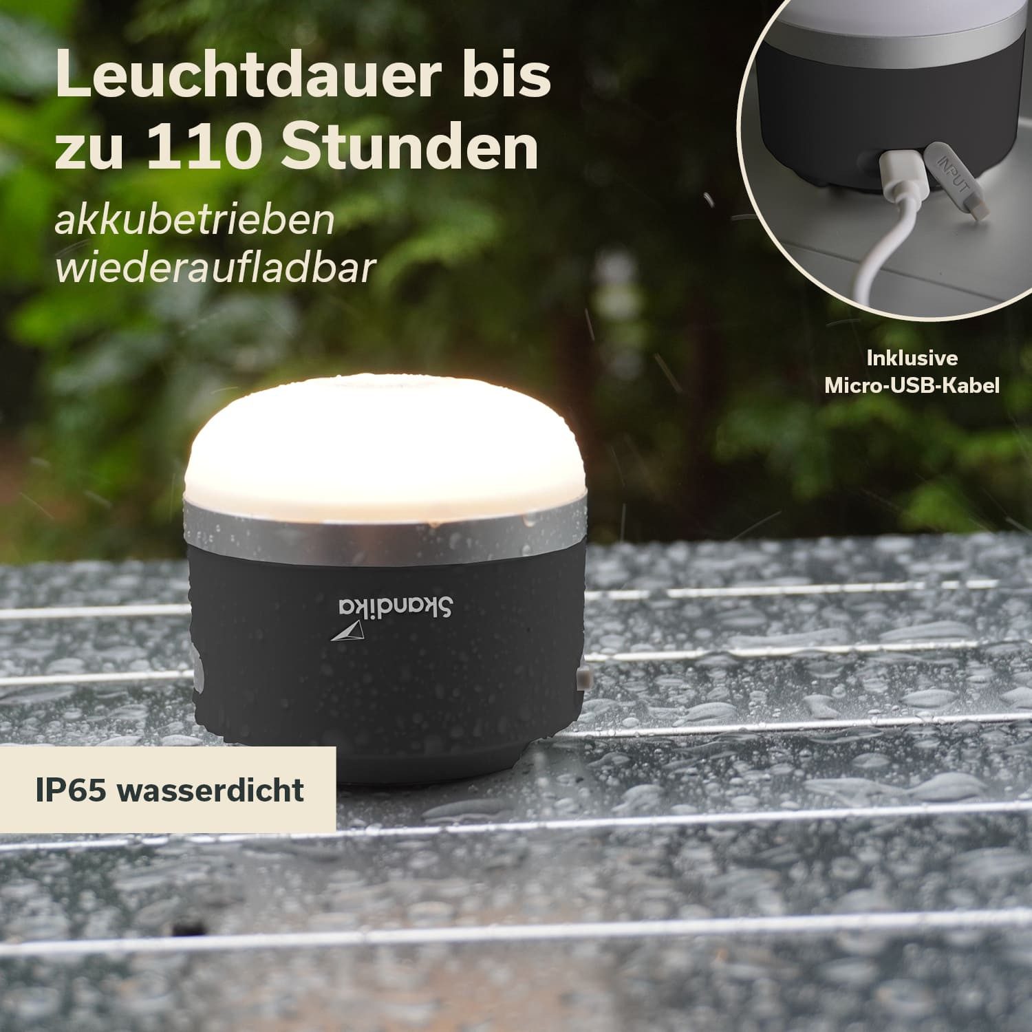 Skandika LED Gartenleuchte Campinglampe Tarfala, aufladbar, USB Anschluss, 3600 mAh Powerbank, stufenlos dimmbar, 110 h Akku, Zeltlampe, Haken zum Aufhängen, Ou – Bild 4 von 5