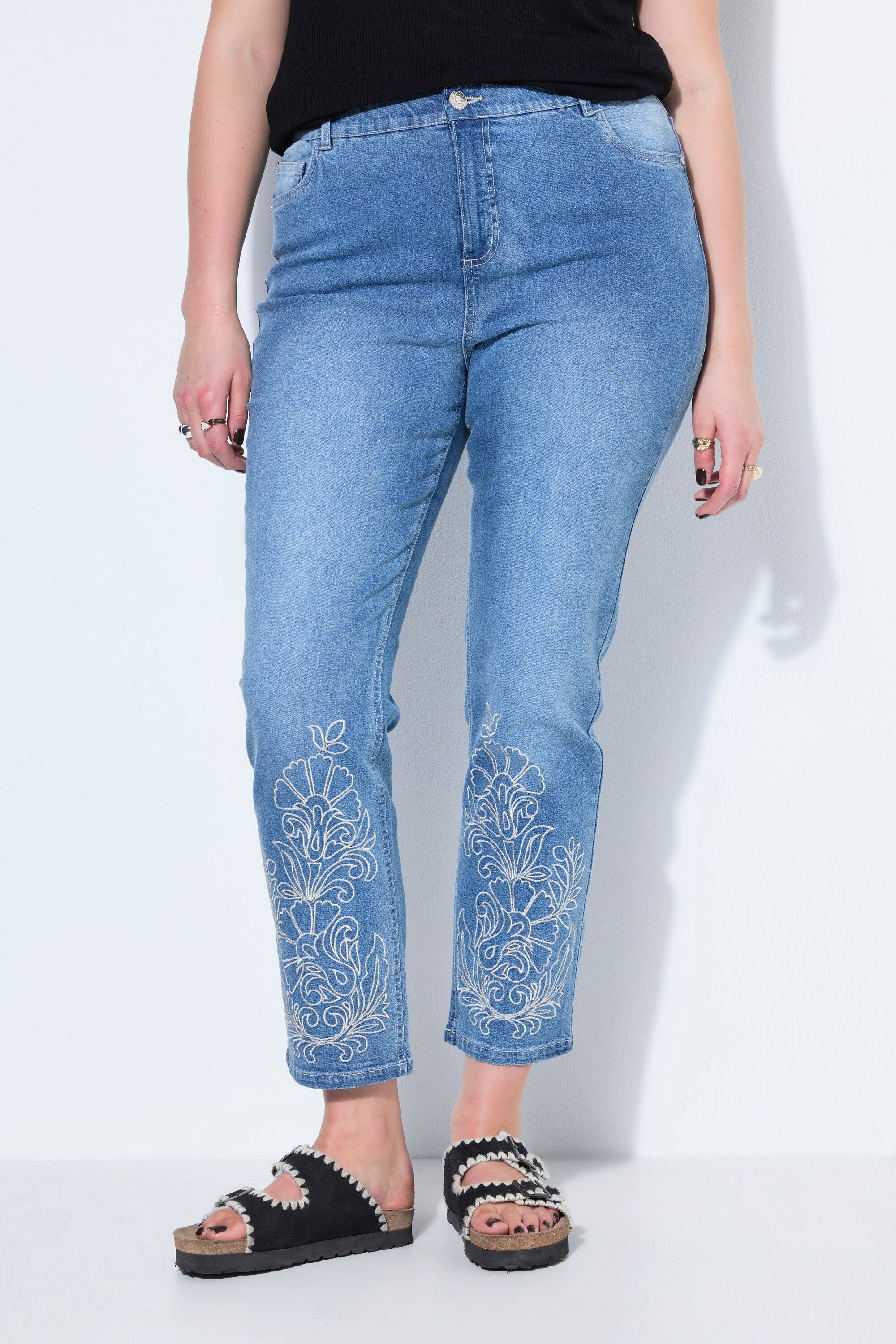 Studio Untold Röhrenjeans Mom-Jeans Stickerei am Saum 5-Pocket