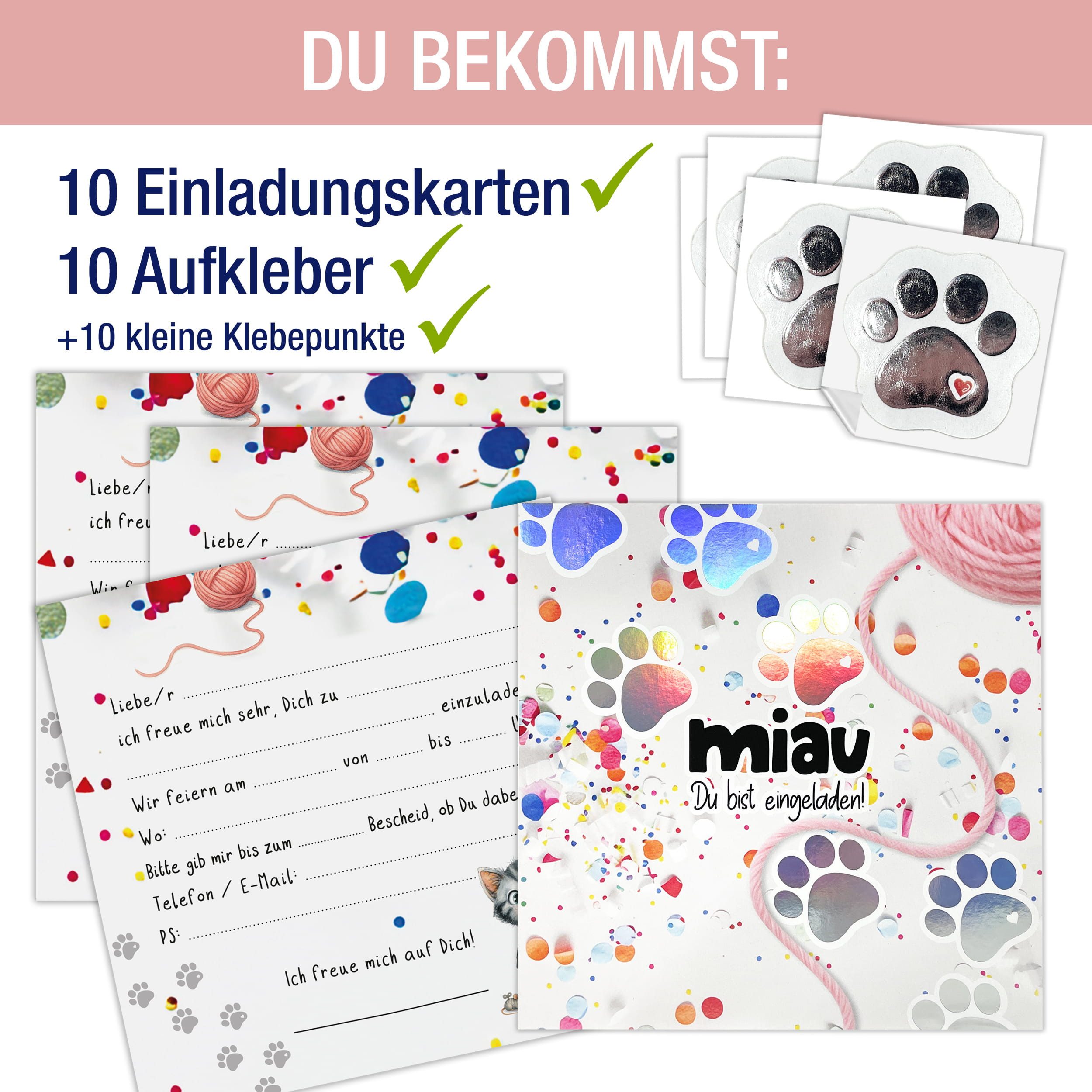 TOBJA Einladungskarten XXL Einladungskarten Katze Konfetti 10er Set Sticker Silberfolie, Kindergeburtstag Mädchen Geburtstag Einladung Kinder
