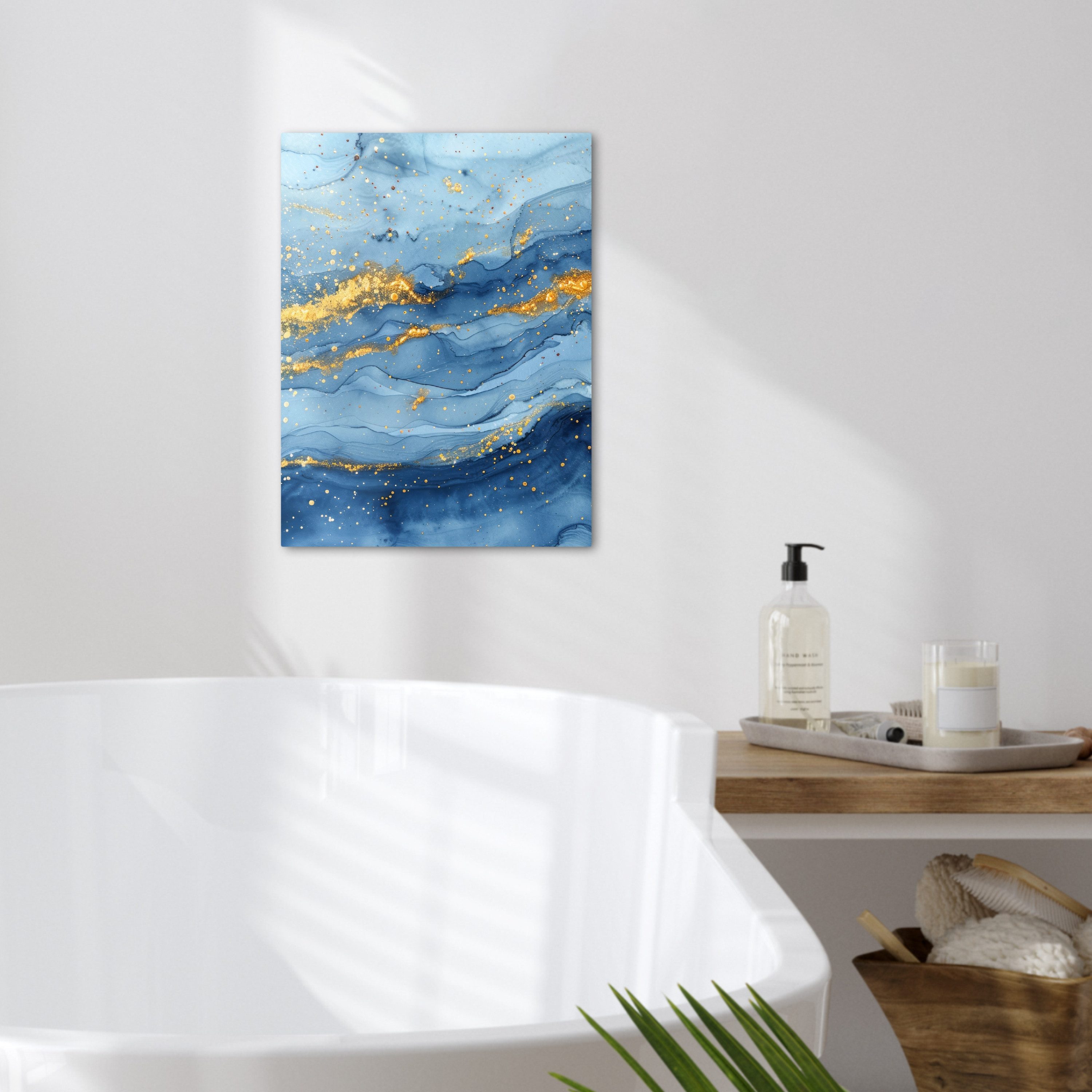 OneMillionCanvasses® Leinwandbild Aquarell - Blau - Kunst - Gold - Luxus - Modern, Fotodruck (1 St), Badezimmer Deko, Bilder Bad, Gäste WC Wanddeko 30x40 cm