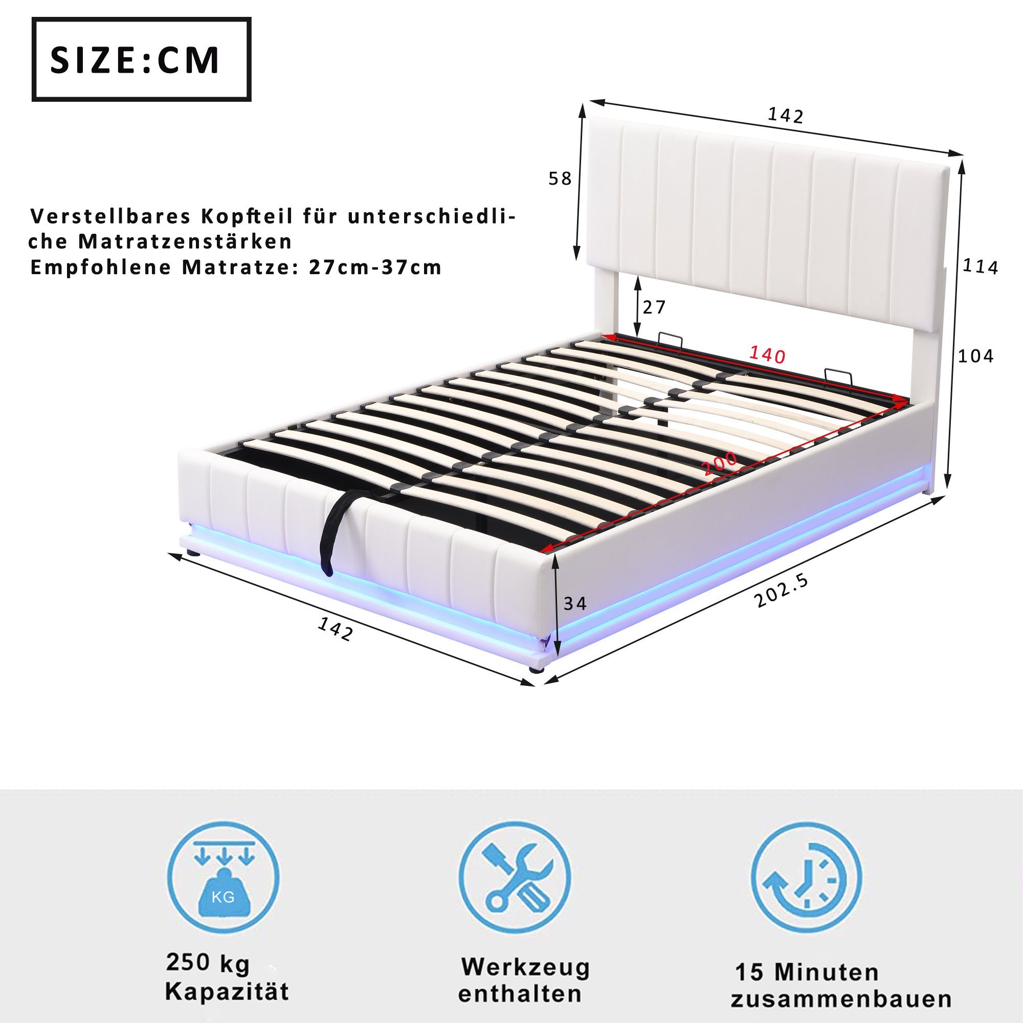 Boxspringbett (LED Hydraulisches Bett mit Bettkasten und Lattenrost), Polsterbett Stauraumbett 140x200 cm, Kunstleder