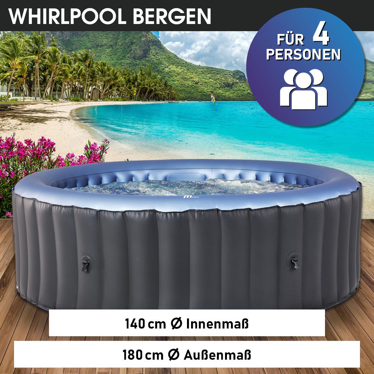 BRAST Whirlpool aufblasbar MSpa Bergen für 4-8 Personen, viele Größen Ø180-224cm, aufblasbares Aufstellbecken, (In- Outdoor Pool, Ganzjähriger Einsatz, 118 Massagedüsen), Stromsparend inkl. Energiespar-Timer