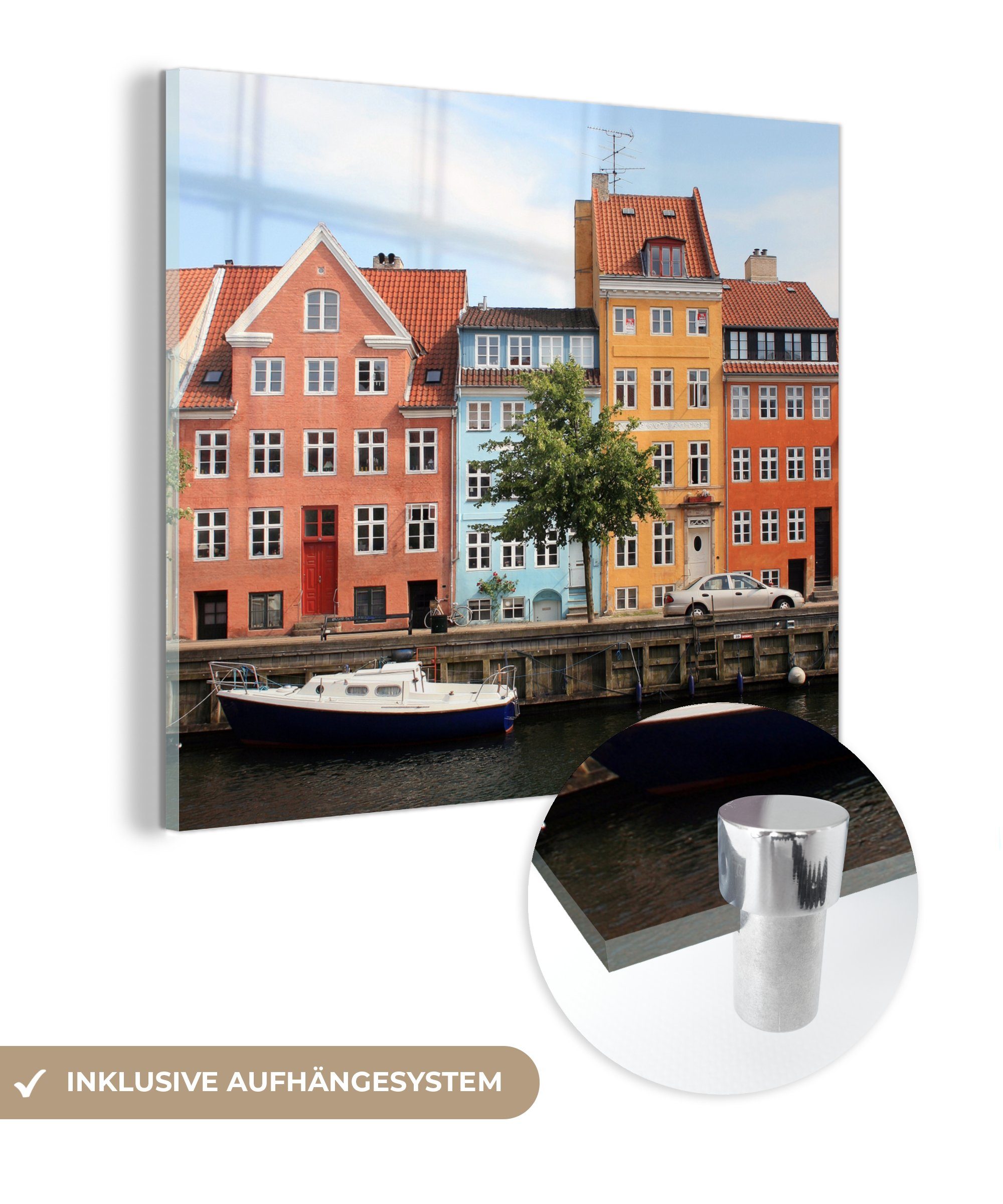 MuchoWow Acrylglasbild Bunte Häuser am Wasser in Kopenhagen - Dänemark, (1 St), Glasbilder - Bilder auf Glas Wandbild - Foto auf Glas - Wanddekoration