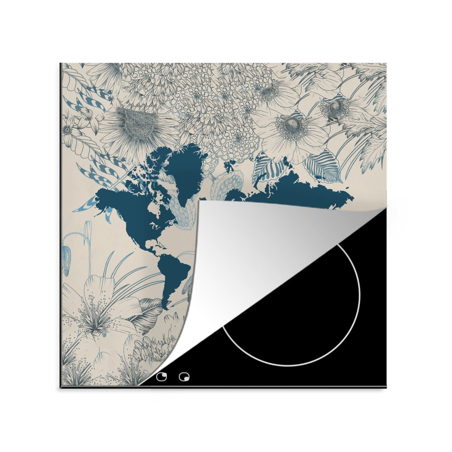 MuchoWow Herdblende-/Abdeckplatte Weltkarte - Blume - Blau, Vinyl, (1 tlg), 78x78 cm, Ceranfeldabdeckung, Arbeitsplatte für küche