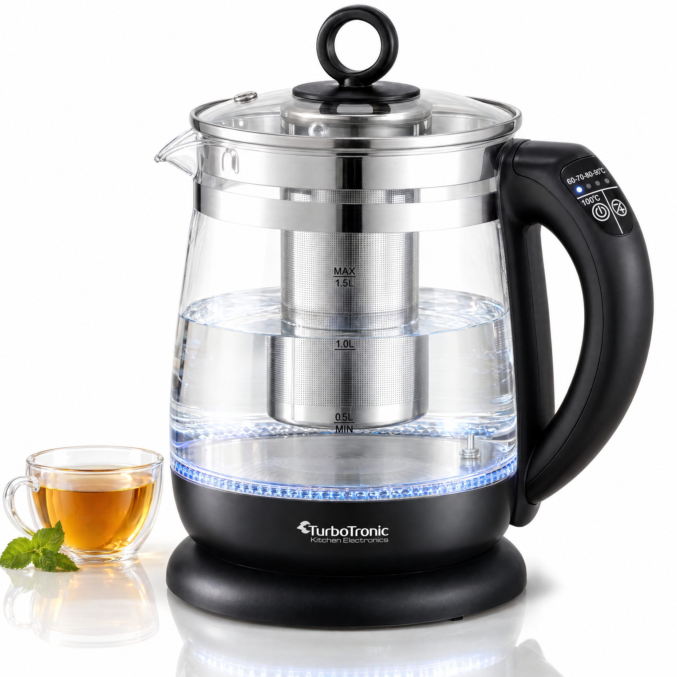 TurboTronic by Z-Line Wasserkocher Glas Wasserkocher 1,5 l, 2200 W, herausnehmbares Edelstahl-Teesieb, 1,5 l, 2200 W, Teekocher elektrisch Temperaturwahl 5 Stufen 60–100 °C LED-Beleuchtung