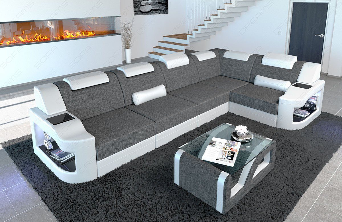 Sofa Dreams Ecksofa Design Polster Stoff Sofa Padua L Form H Strukturstoff Stoffsofa, Couch wahlweise mit Bettfunktion grau-weiß