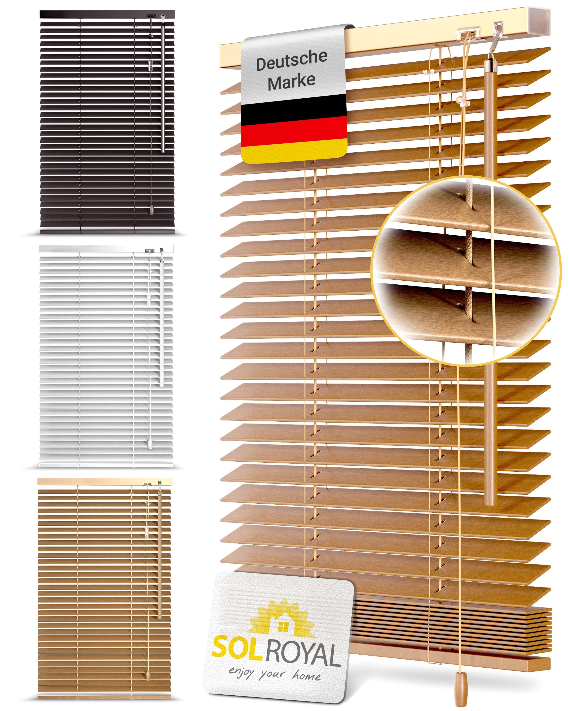 Sol Royal Jalousie Holzjalousie SolDecor JH3 Jalousie aus Holz in, 50x130cm, Eichenoptik, Tür- und Fensterjalousie Holz Blickschutz 3,5 cm breite Lamellen