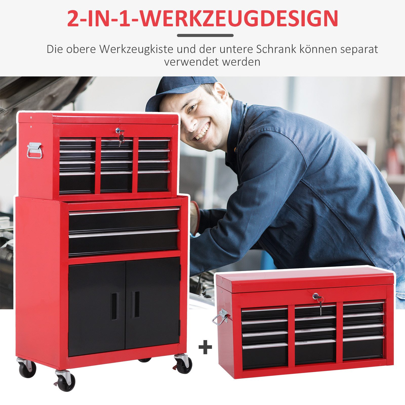 HOMCOM Werkstattwagen Werkzeugkasten abschließbar mit 6 Schubladen, Schrankfach, mit Griff, max. Traglast:60 kg, 0-tlg. Werkzeugset, (Werkzeugwagen leer, 1-tlg. – Bild 4 von 5