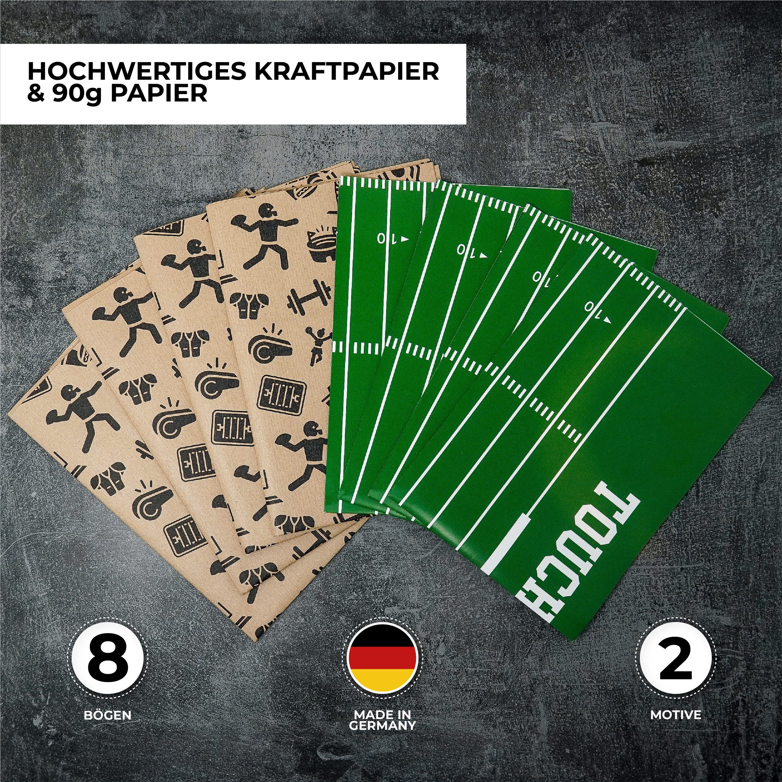 40YARDS Geschenkpapier American Football Geschenkpapier, 8 Bögen á 70 x 50 cm (4x Spielfeld Muster & 4x Football Icons Muster)