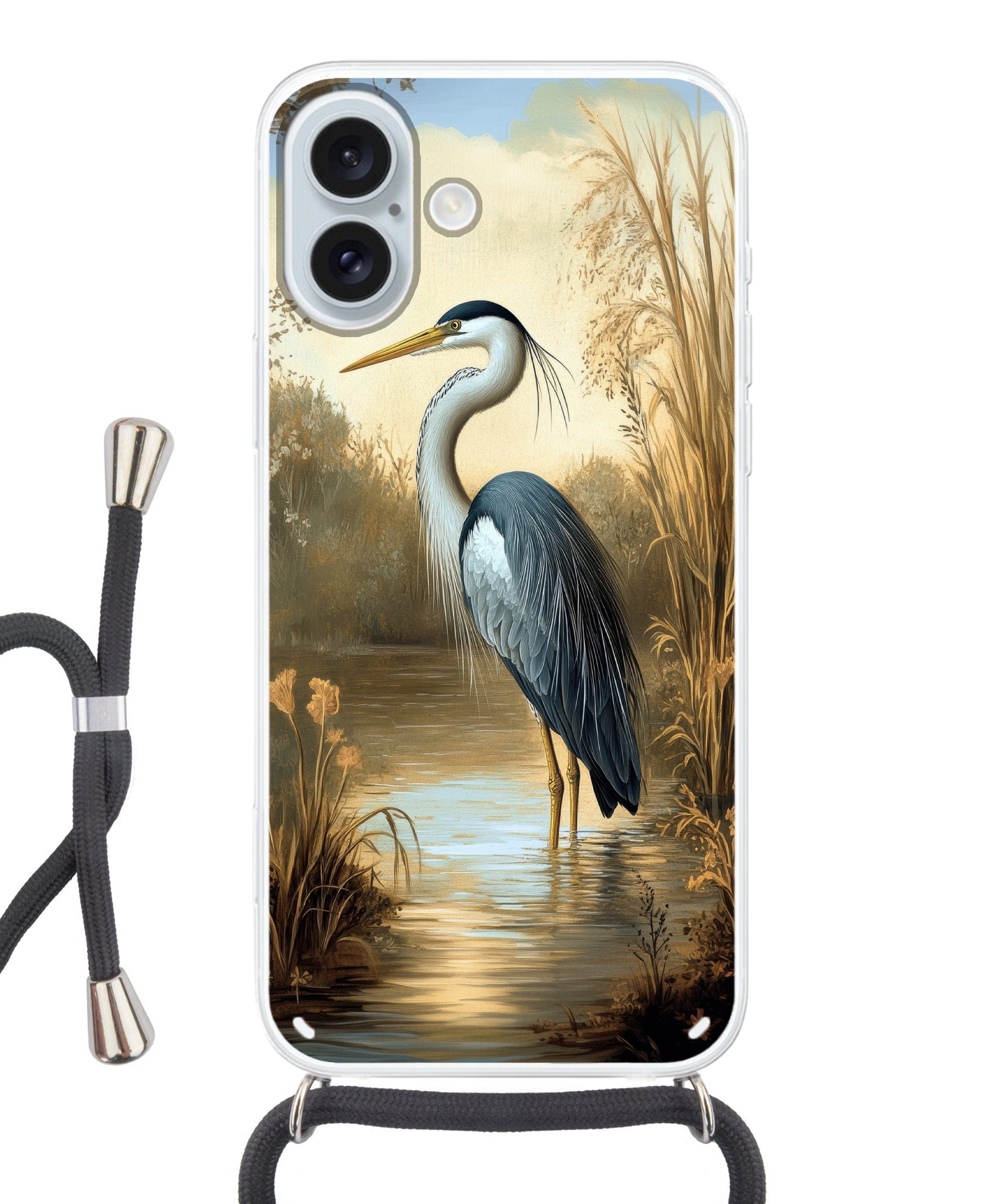MuchoWow Handyhülle für Apple iPhone 16 Plus Reiher - Wasser - Pflanzen, Tragbare Handyhüllen mit Kette zum umhängen, Handykette Handyband