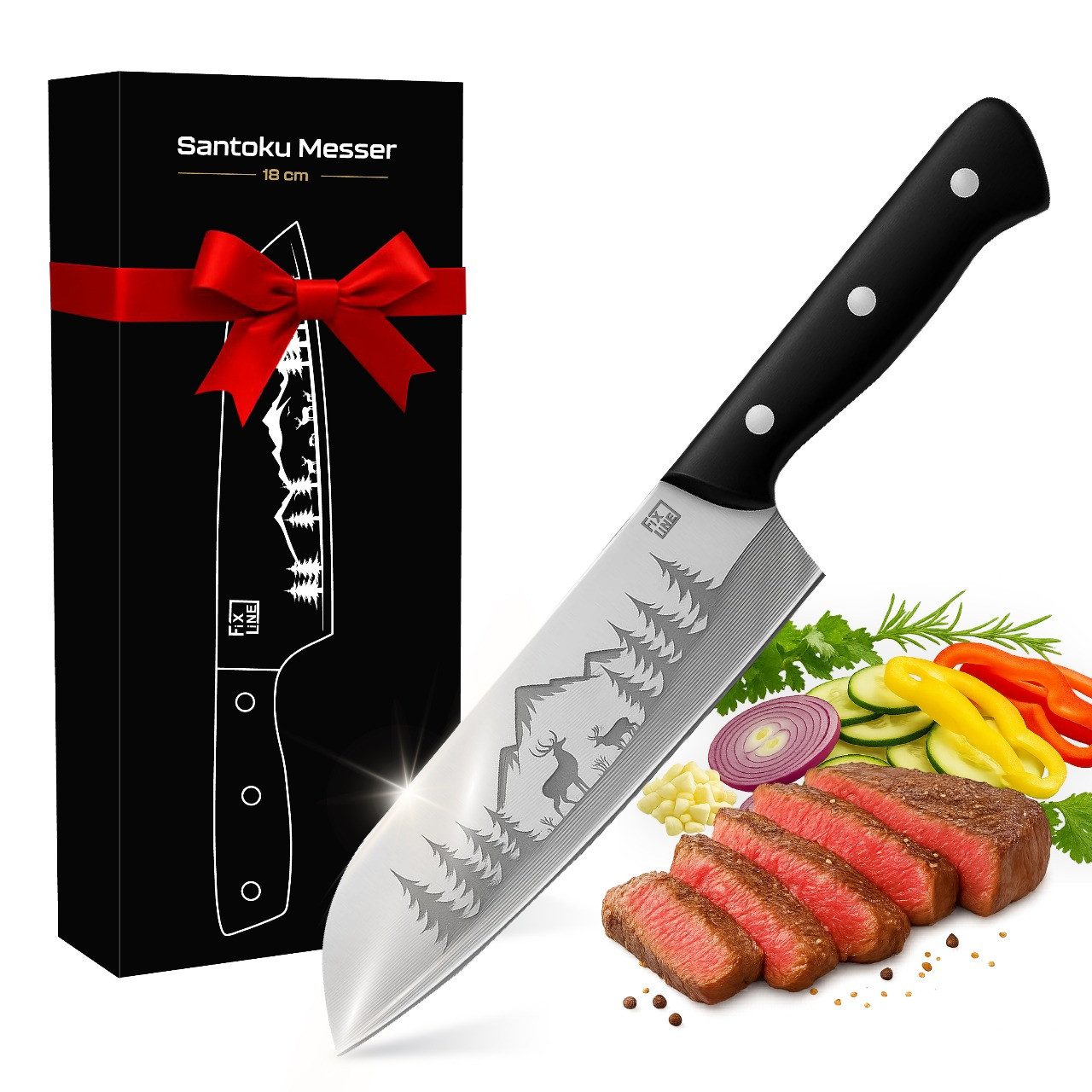 FIXLINE Gemüsemesser Santokumesser 18cm Black Forest Edition Profi-Küchenmesser, Perfekte Geschenkidee