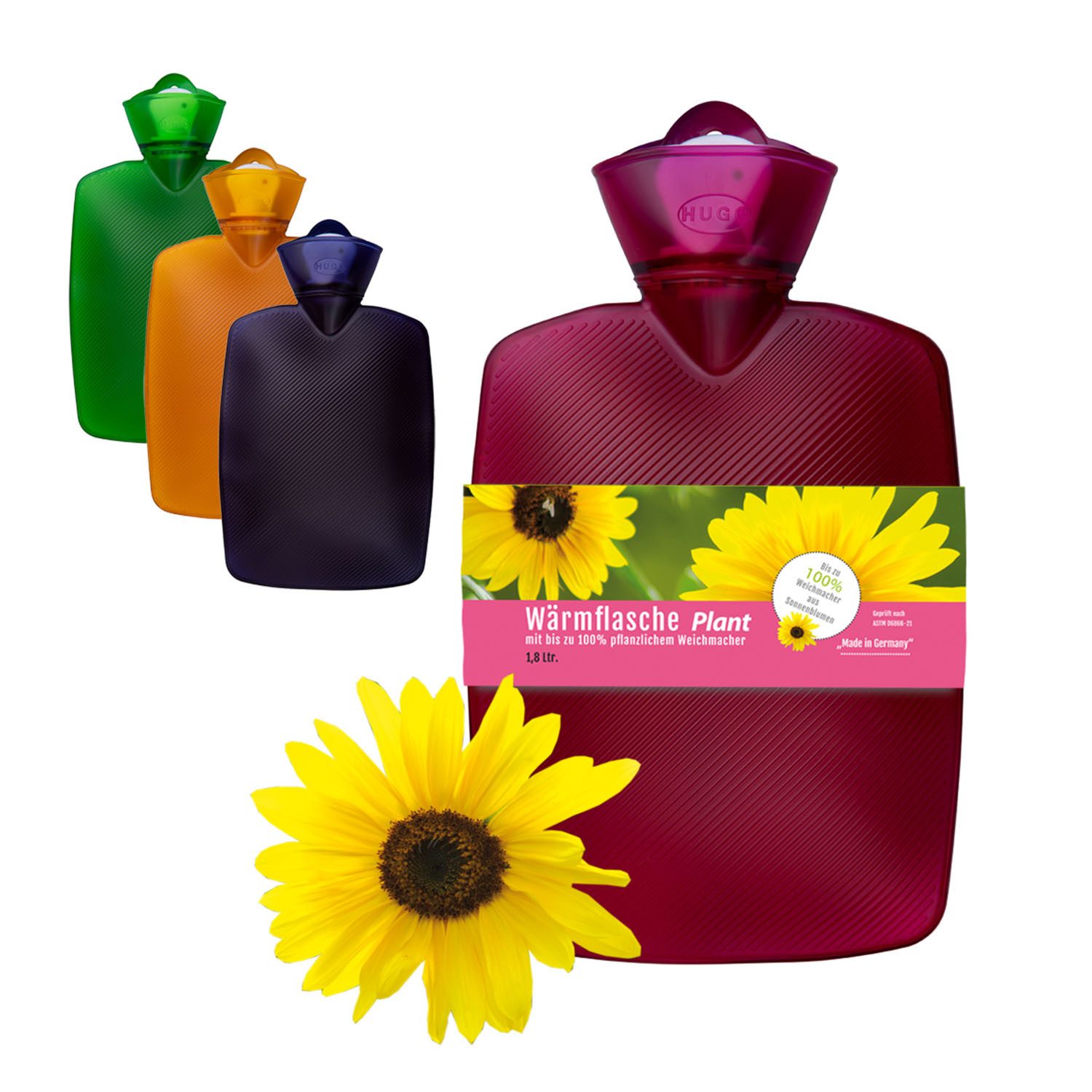 Hugo Frosch Wärmflasche Plant 1,8 l Auslaufsicherer Bauchwärmer mit pflanzlichem Weichmacher, (33x19.5x4.5 cm), Wohltuende Wärme, tragbare Wärmflasche ohne Phthalate, Made in Germany