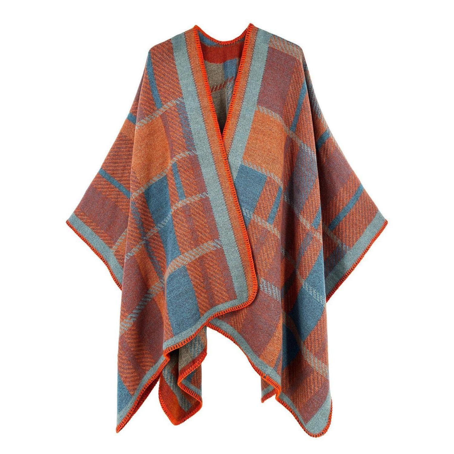 LuxusKollektion Poncho Poncho Damen Strick Umhang kariert Quaste orange-blau (1-St)