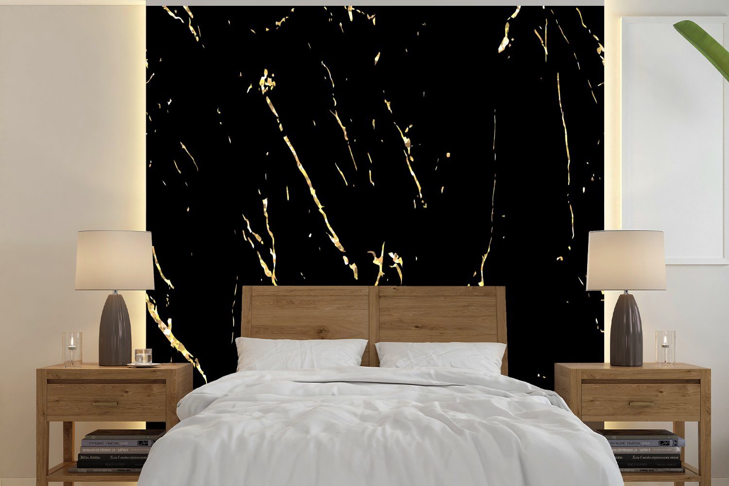 MuchoWow Fototapete Marmor - Schwarz - Gold - Luxus, Matt, bedruckt, (4 St), Vliestapete für Wohnzimmer Schlafzimmer Küche, Fototapete