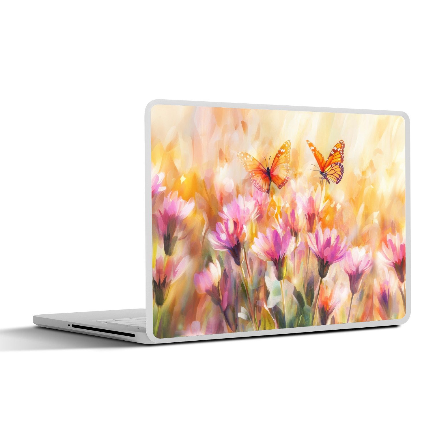 MuchoWow Laptop-Aufkleber Schmetterlinge - Orange - Blumen, (1tlg), Laptop Folien Cover, Aufkleber, Sticker, Schutz vor Kratzern, 30x21 cm von MuchoWow
