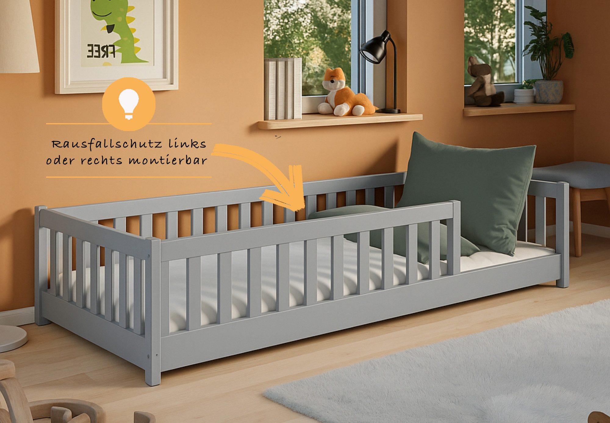 Kids Collective Kinderbett Bodenbett Bett mit Rausfallschutz & Lattenrost Montessori Bett Kinder (weitere Größen 80x180, 90x190, 90x200, 120x200, 140x200 cm), Jugendbett Einzelbett Aschgrau Kiefer 80x160 cm