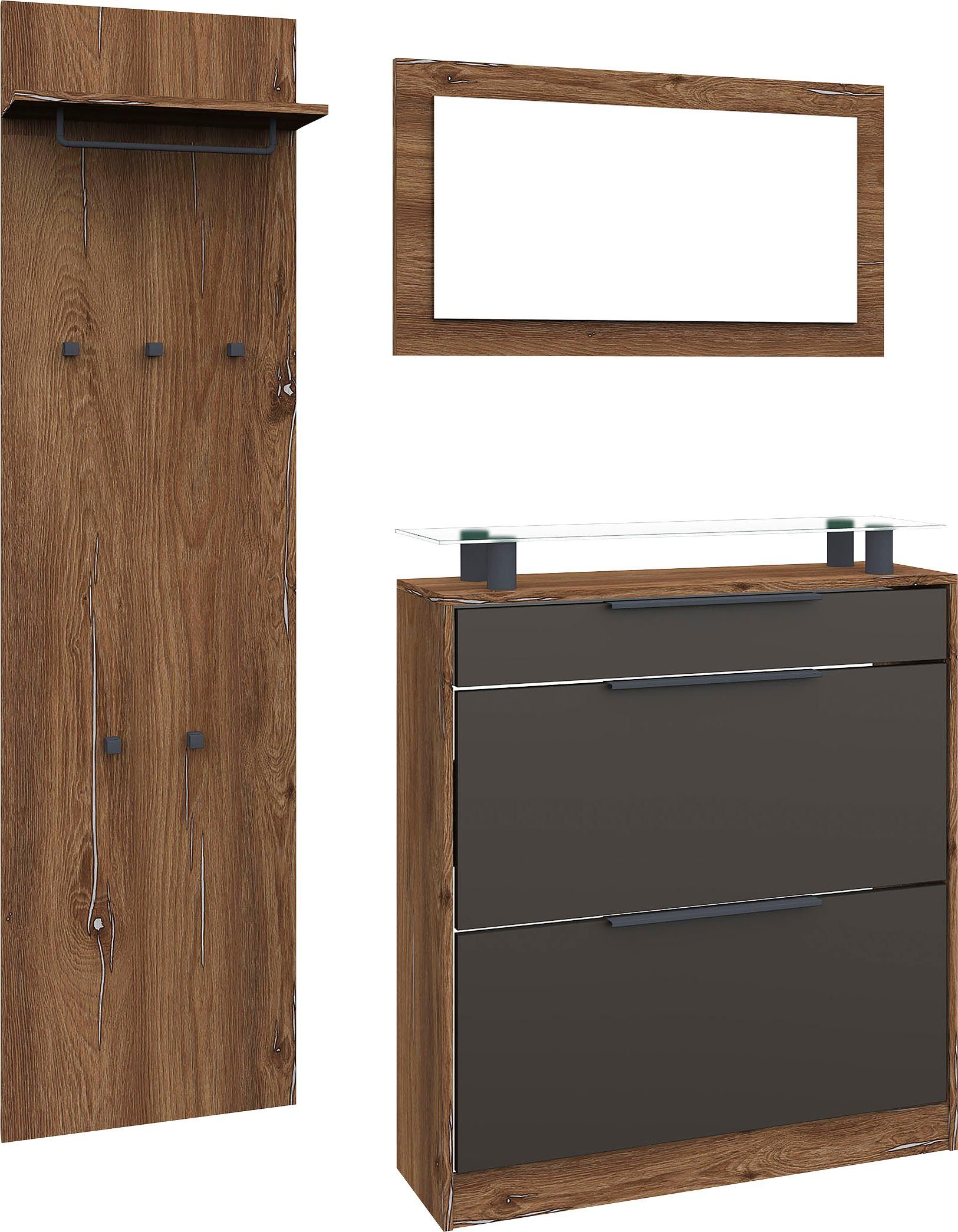 borchardt Möbel Garderoben-Set Tom, (3-St), Schuhschrank stehend eichefarben vintage/graphit | Garderoben-Sets