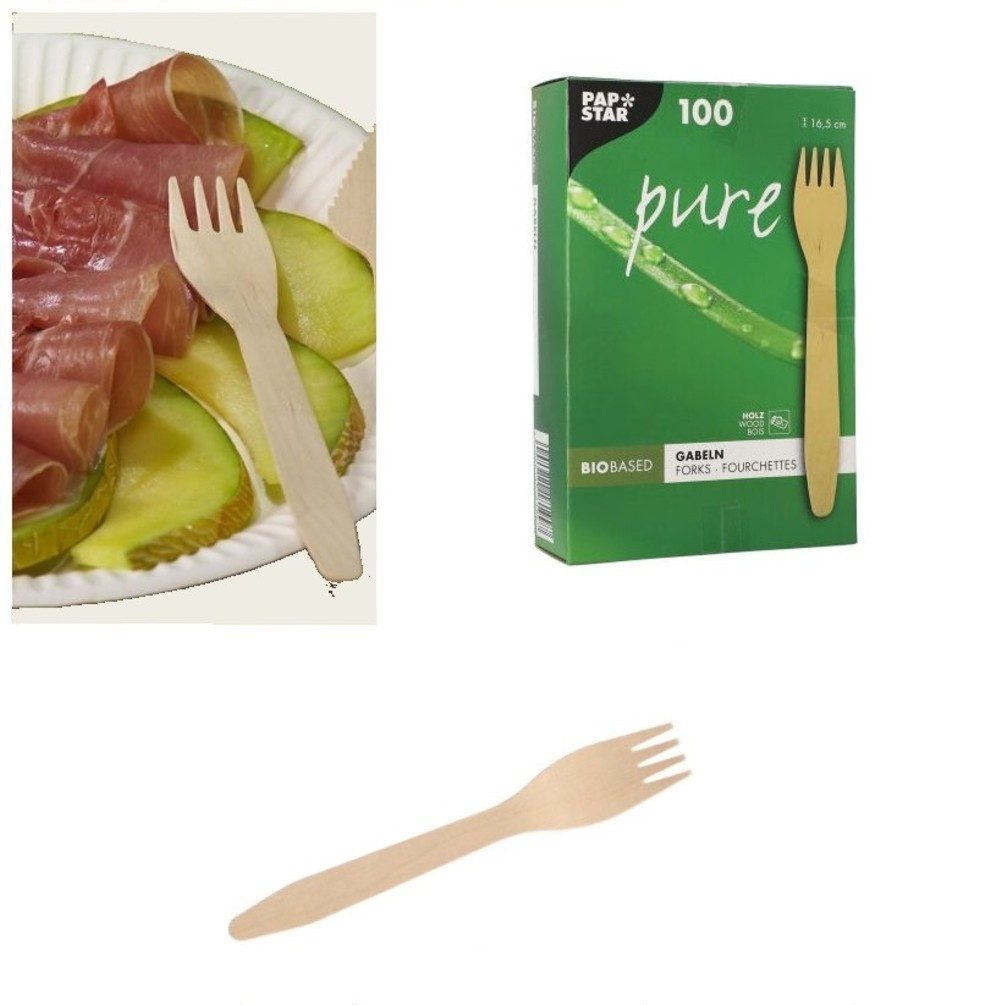 PAPSTAR GmbH Einweggabel Einweg Gabel 16,5cm aus Holz im 100er Pack (100 Stück)