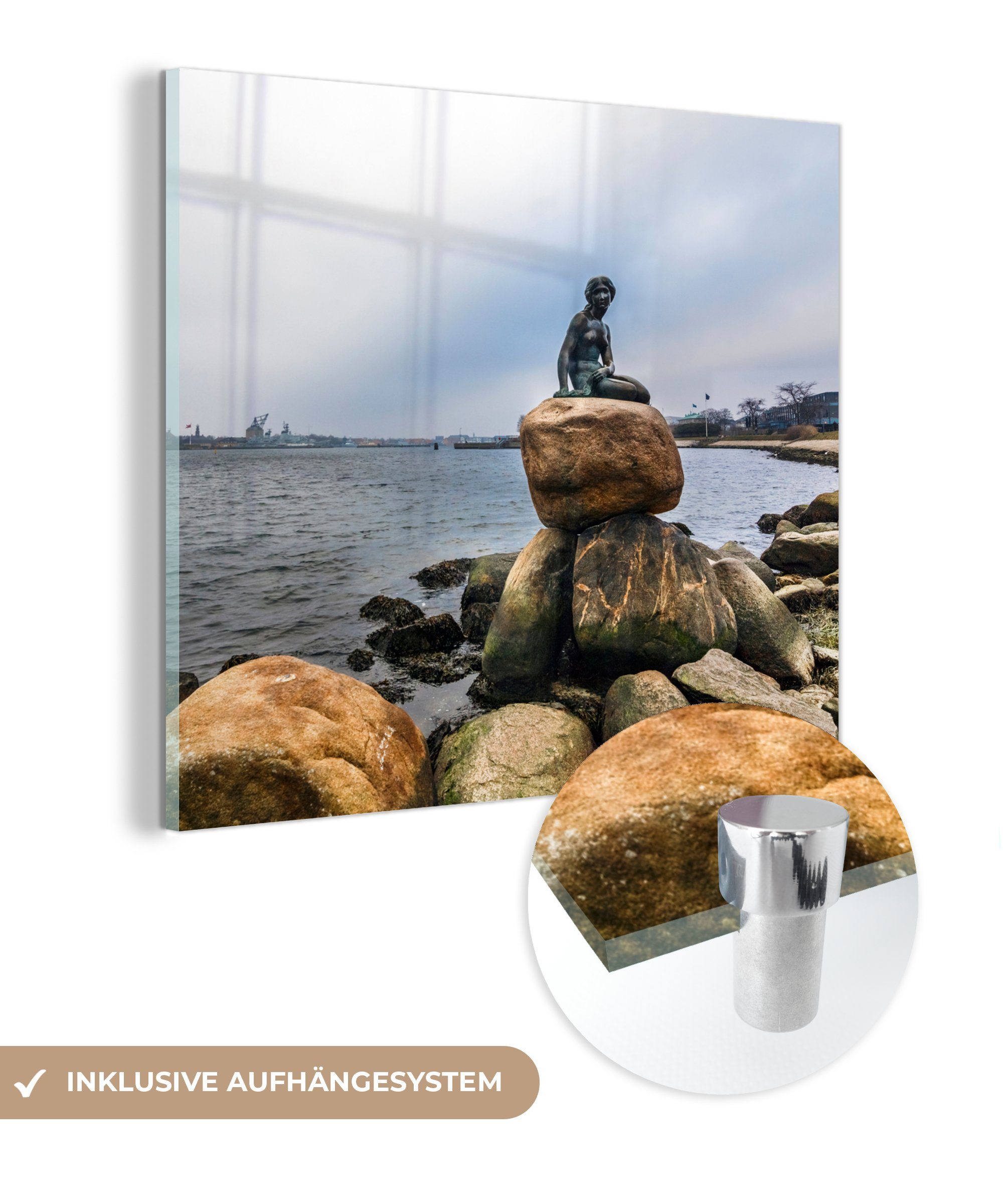 MuchoWow Acrylglasbild Foto - Dänemark, - (1 Bilder Glas auf St), kleine Wandbild Wanddekoration Glas - Die Meerjungfrau auf Kopenhagen Glasbilder 