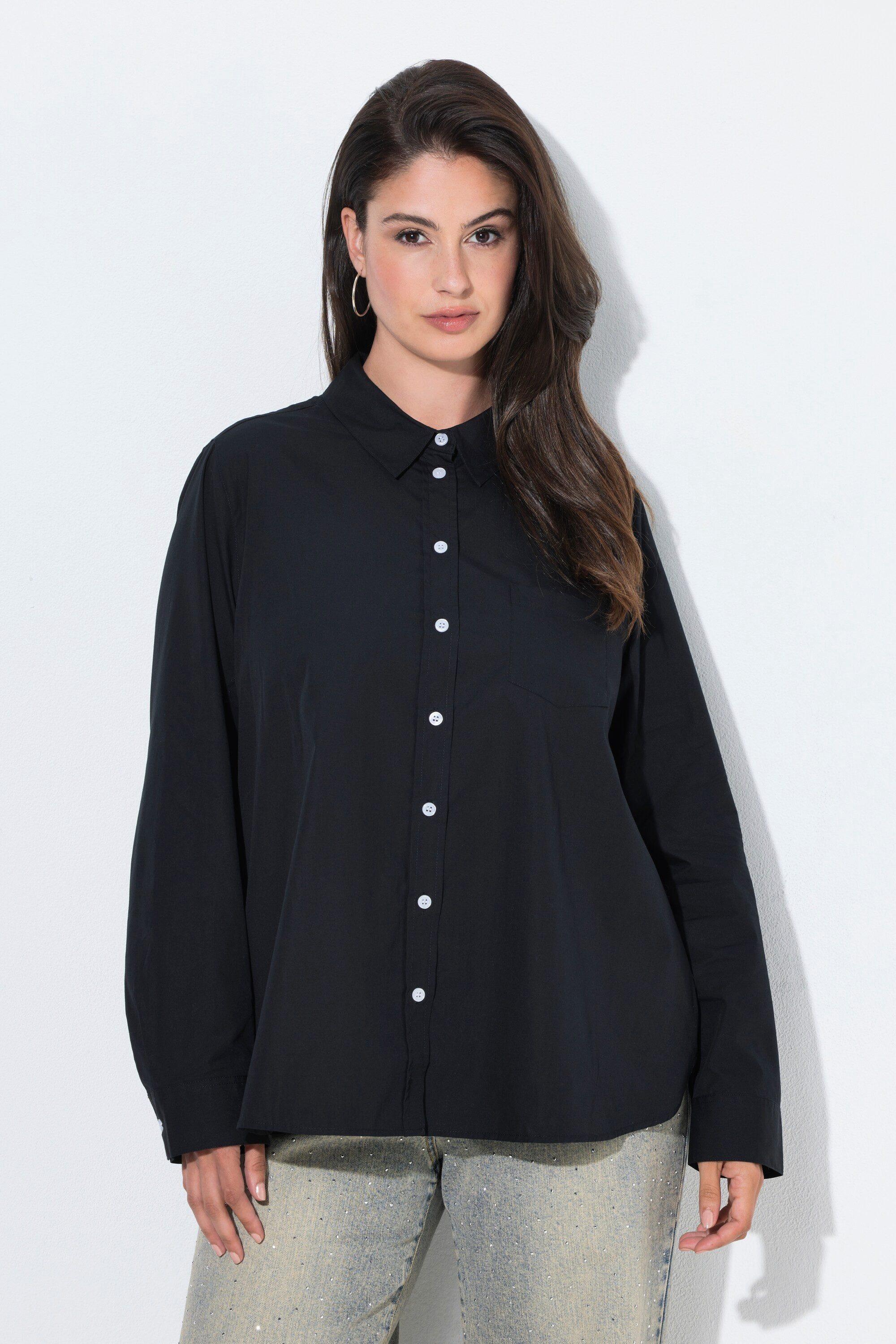 Ulla Popken Hemdbluse Hemdbluse A-Linie Hemdkragen Langarm