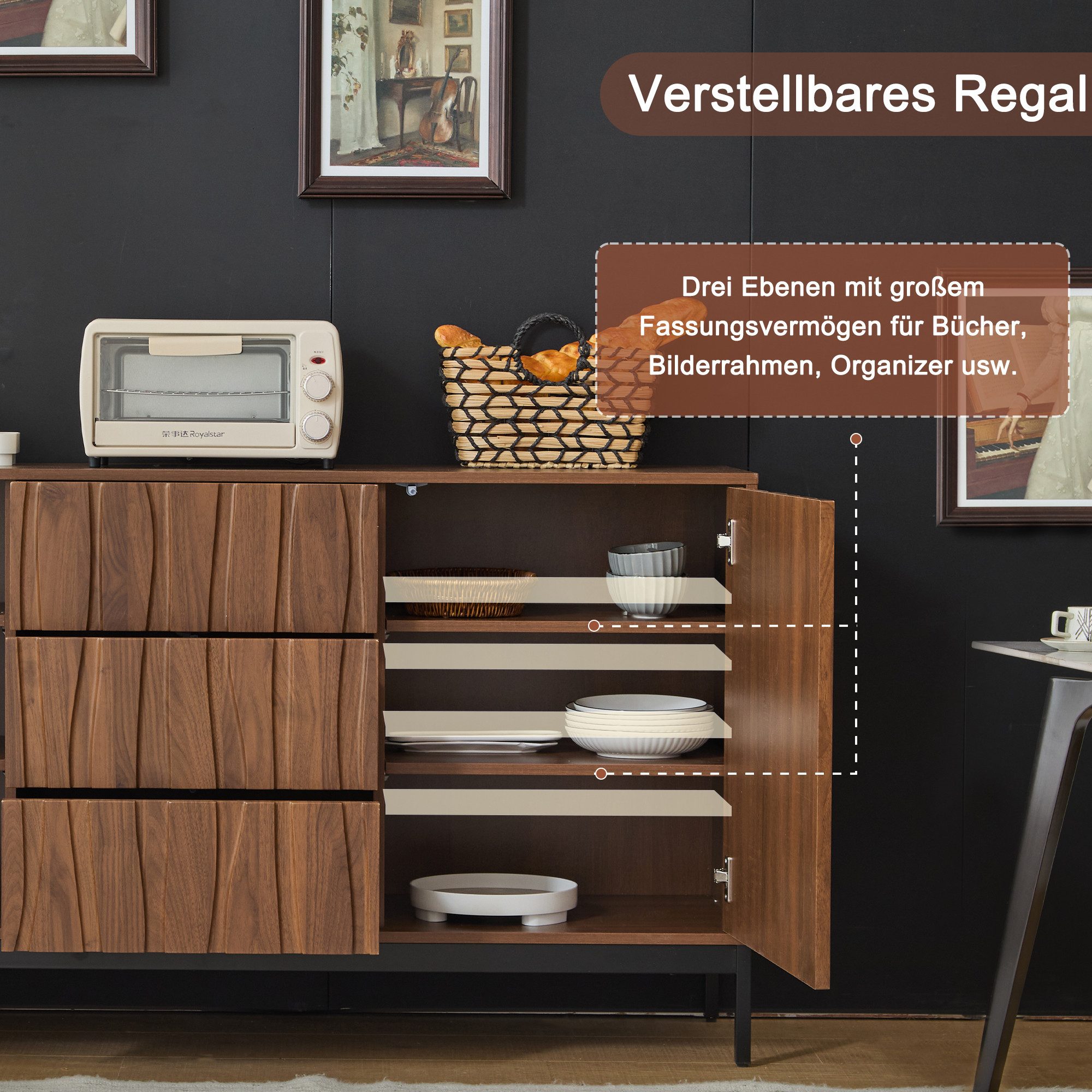 Merax Sideboard Skandi mit 2 Türen und 3 Schubladen (Landhausstil, Aktenschrank Küchenschrank, für Wohnzimmer & Flur), Kommode Anrichte Schrank mit Metallfüße,  – Bild 4 von 5